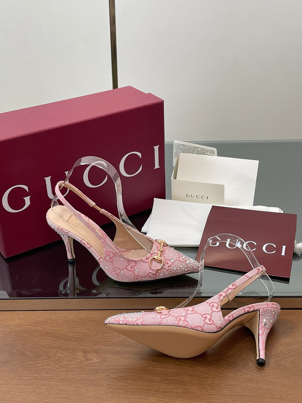 GG Horsebit Slingback 45MM Pink Ebony Monogram Canvas Point Toe Crystal-Embellished
