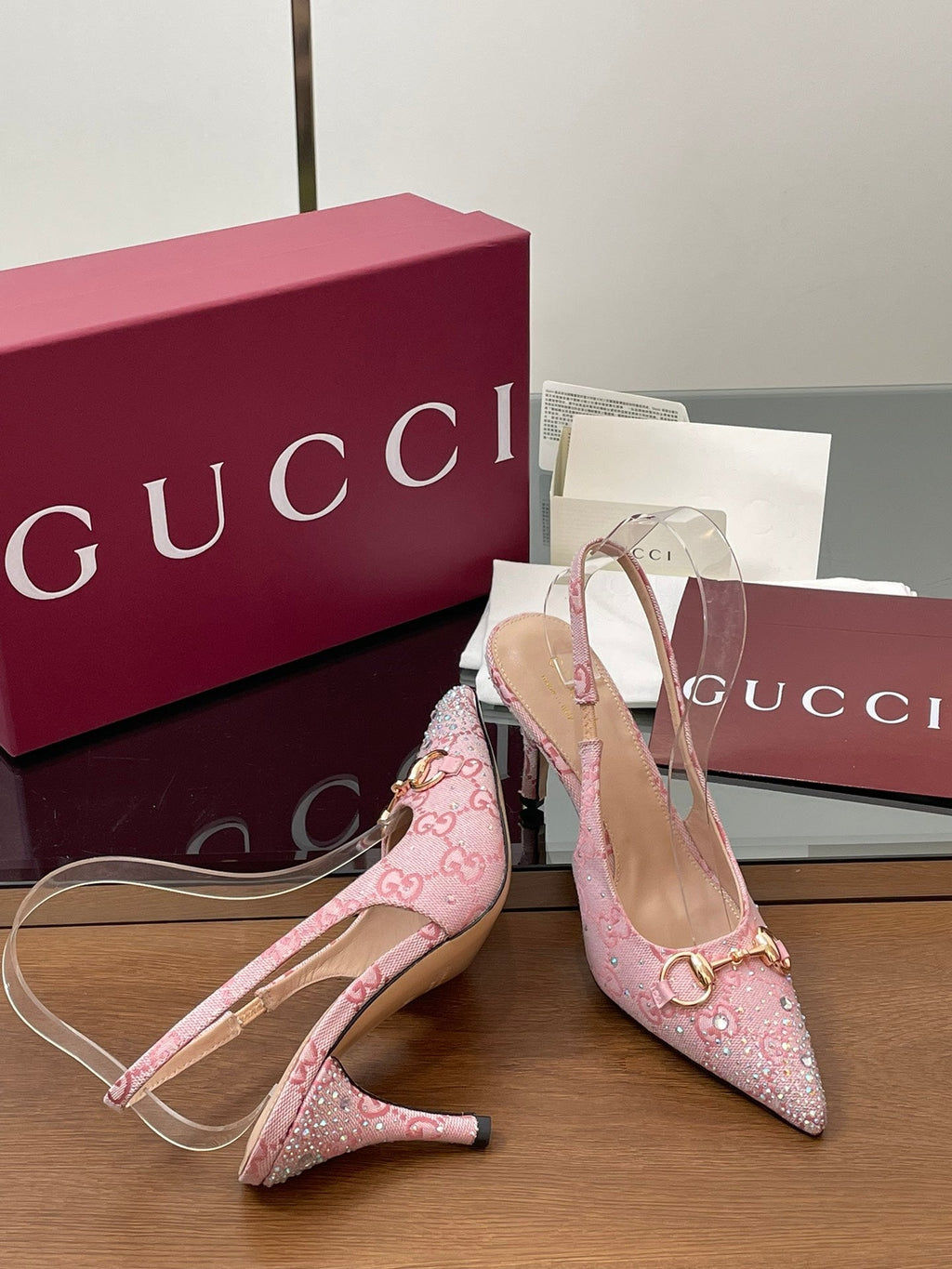GG Horsebit Slingback 45MM Pink Ebony Monogram Canvas Point Toe Crystal-Embellished