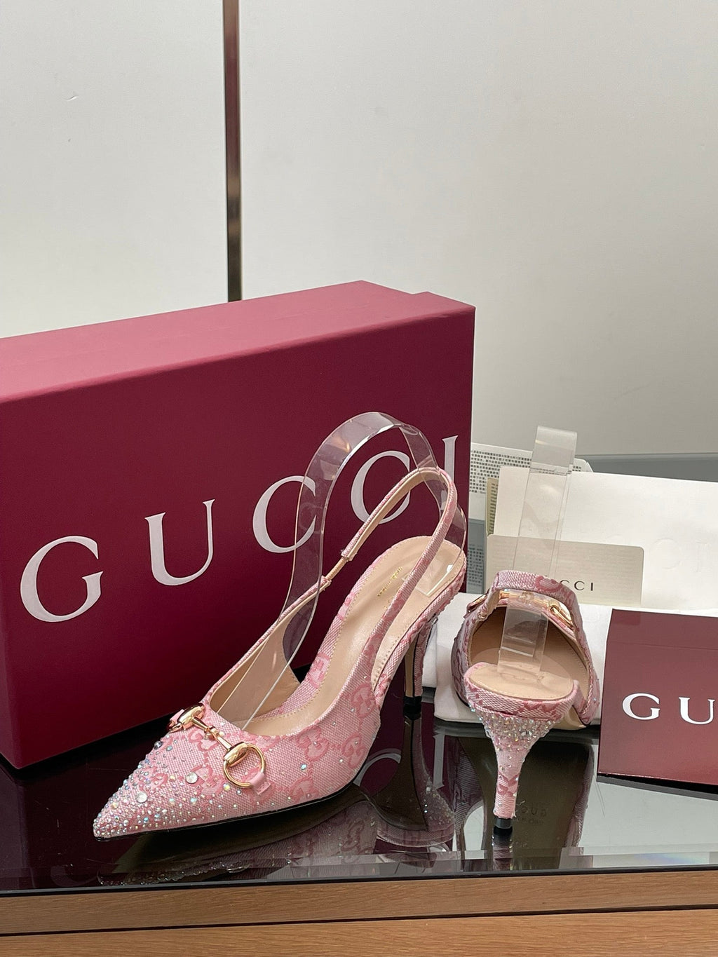 GG Horsebit Slingback 45MM Pink Ebony Monogram Canvas Point Toe Crystal-Embellished