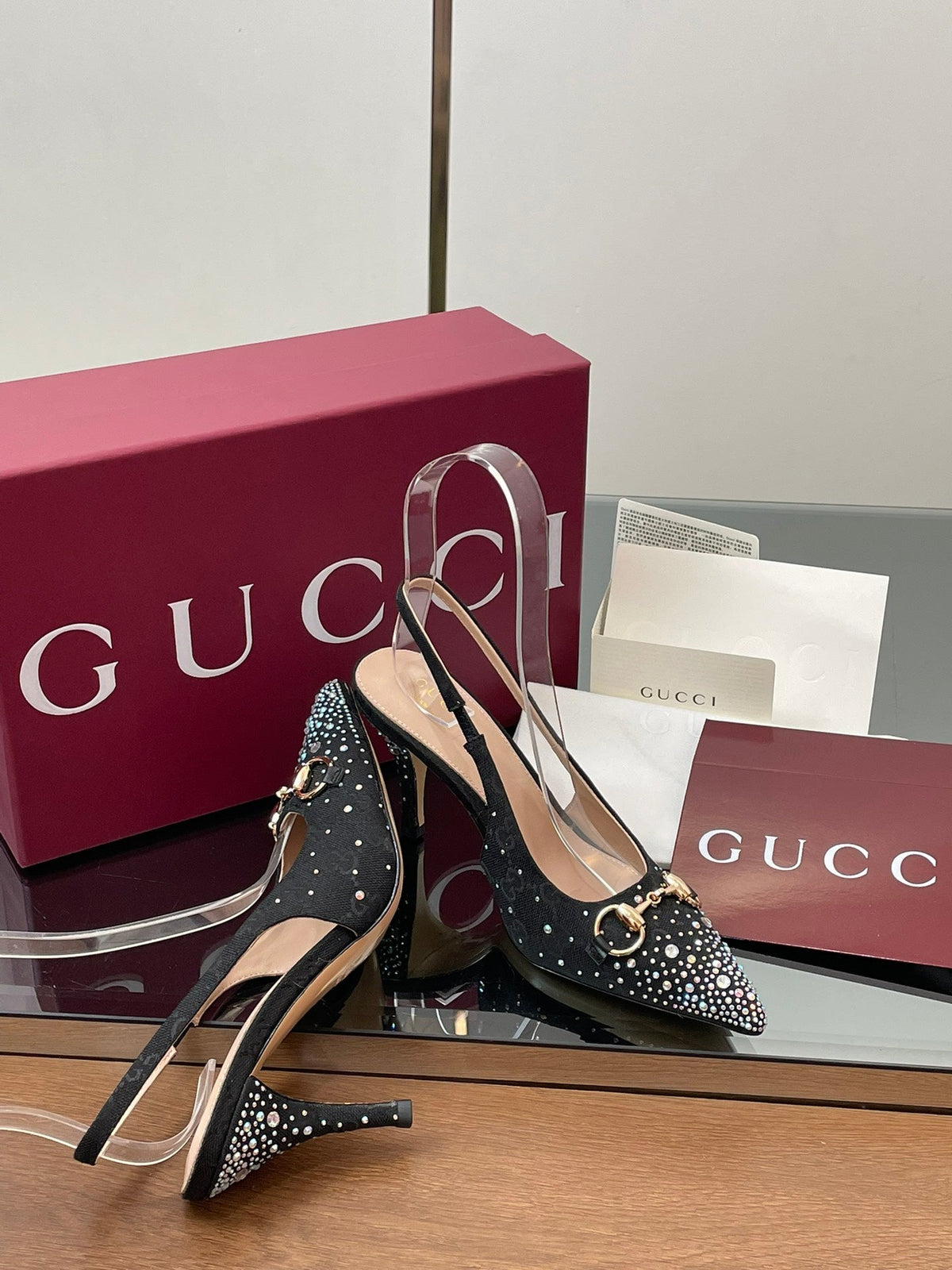 GG Horsebit Slingback 45MM Black Ebony Monogram Canvas Point Toe Crystal-Embellished