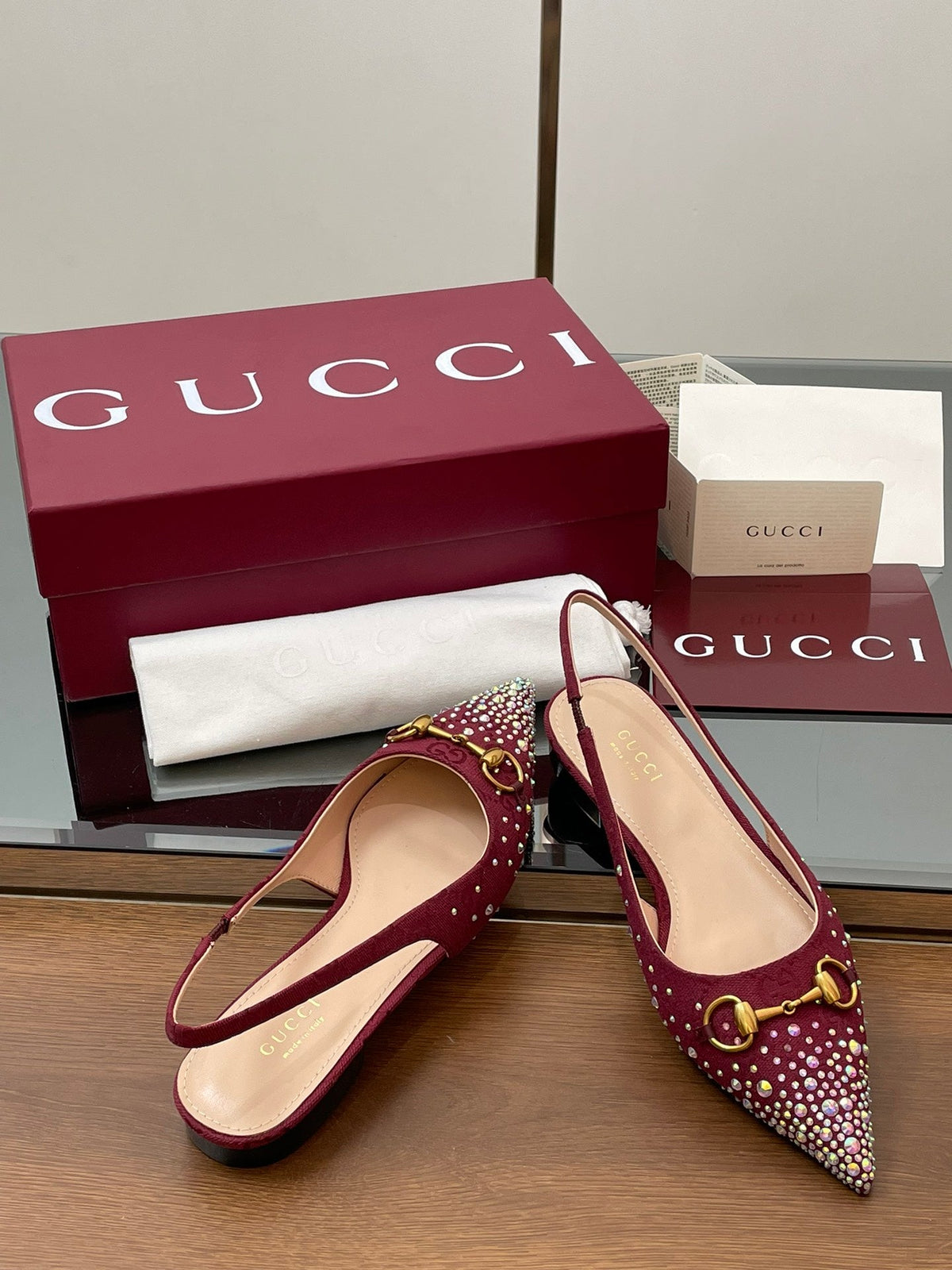 GG Horsebit Slingback Flat Red Ebony Monogram Canvas Point Toe Crystal-Embellished