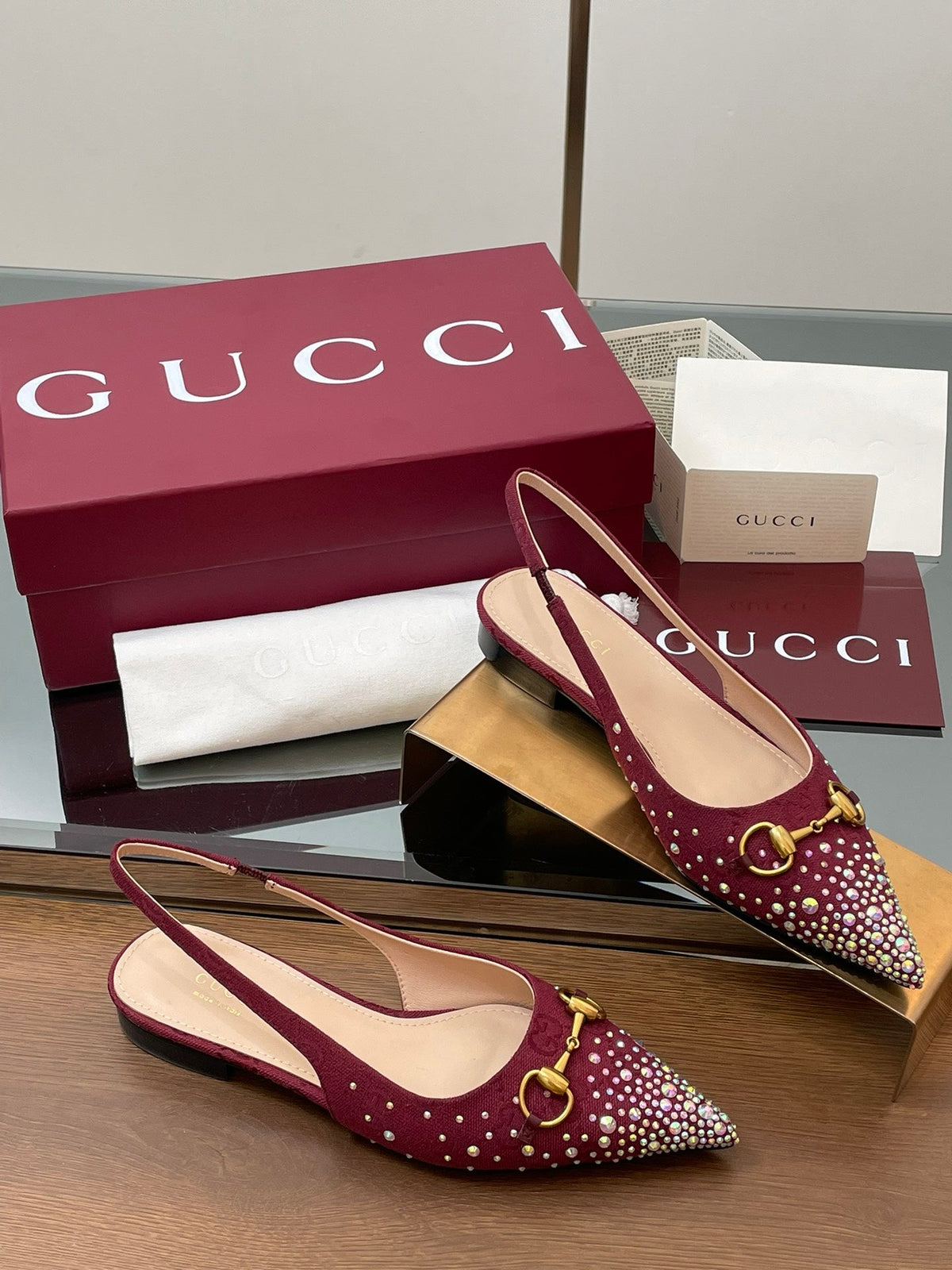 GG Horsebit Slingback Flat Red Ebony Monogram Canvas Point Toe Crystal-Embellished