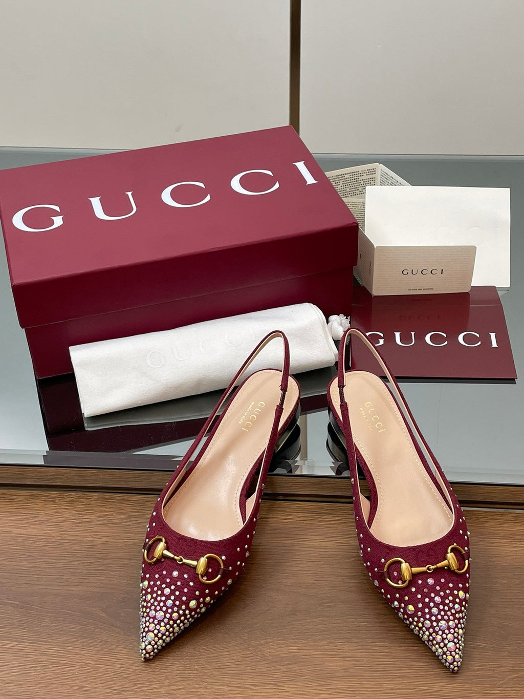 GG Horsebit Slingback Flat Red Ebony Monogram Canvas Point Toe Crystal-Embellished