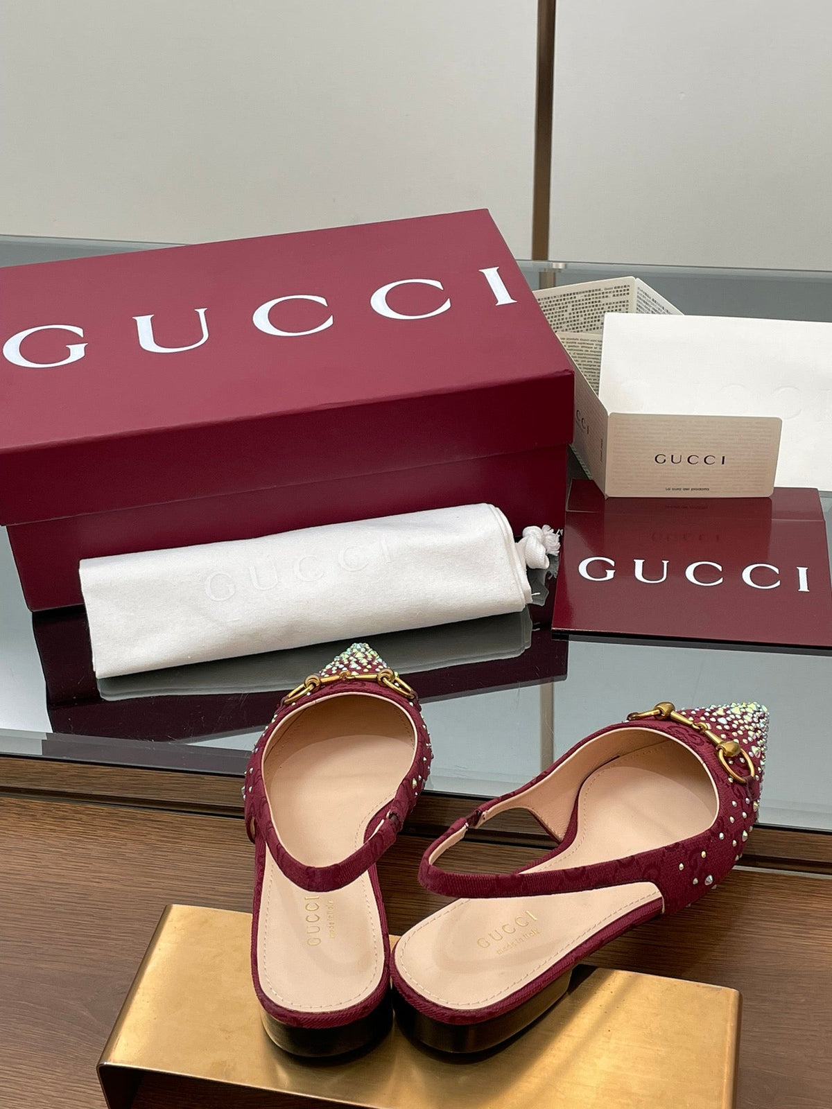 GG Horsebit Slingback Flat Red Ebony Monogram Canvas Point Toe Crystal-Embellished
