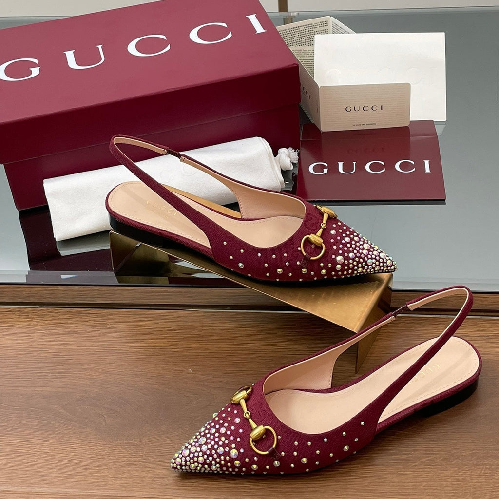 GG Horsebit Slingback Flat Red Ebony Monogram Canvas Point Toe Crystal-Embellished