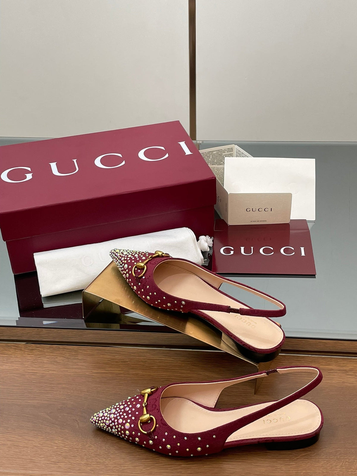 GG Horsebit Slingback Flat Red Ebony Monogram Canvas Point Toe Crystal-Embellished