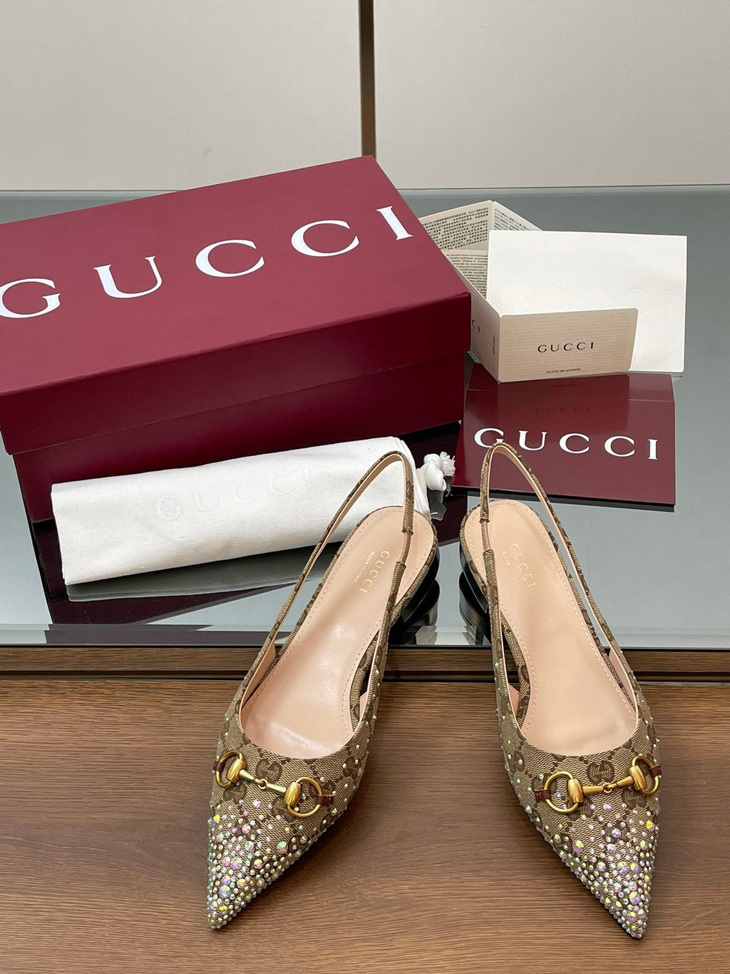 GG Horsebit Slingback Flat Beige Ebony Monogram Canvas Point Toe Crystal-Embellished