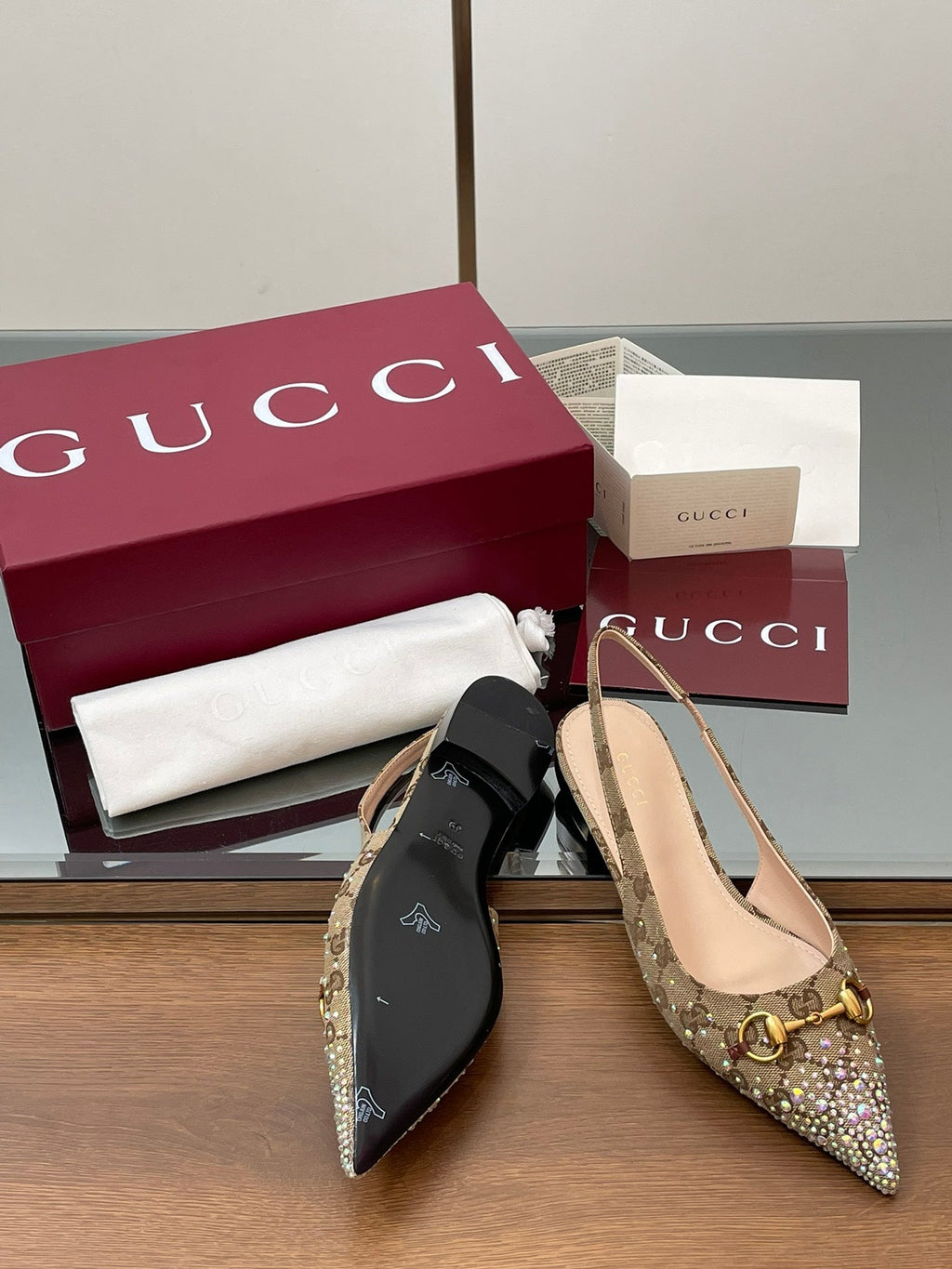 GG Horsebit Slingback Flat Beige Ebony Monogram Canvas Point Toe Crystal-Embellished