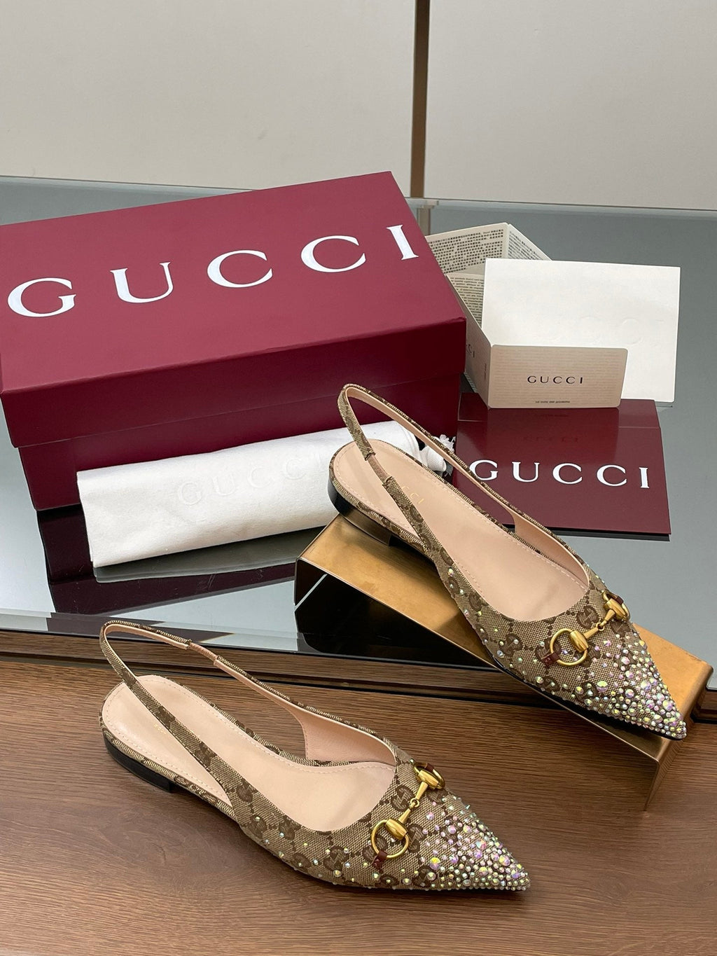 GG Horsebit Slingback Flat Beige Ebony Monogram Canvas Point Toe Crystal-Embellished