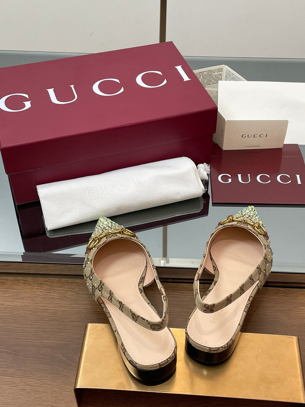 GG Horsebit Slingback Flat Beige Ebony Monogram Canvas Point Toe Crystal-Embellished