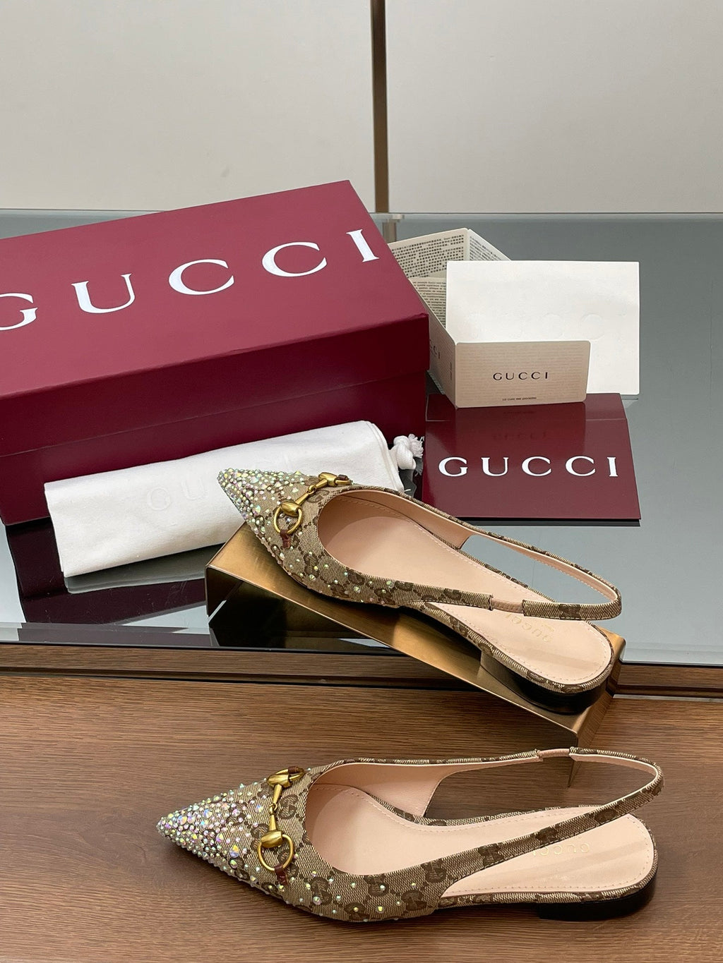 GG Horsebit Slingback Flat Beige Ebony Monogram Canvas Point Toe Crystal-Embellished
