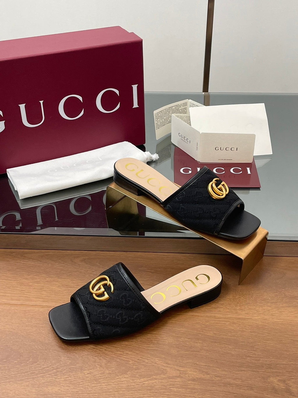 GG Matelasse Slide Sandals Black Canvas Sheepskin 646485