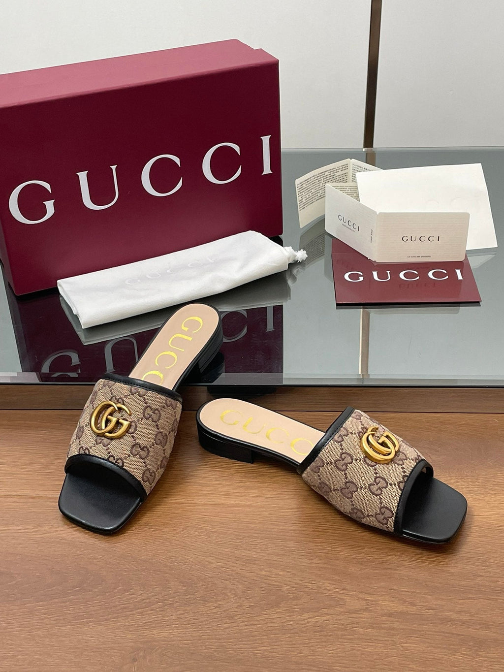 GG Matelasse Slide Sandals Black Beige Canvas Sheepskin 646487