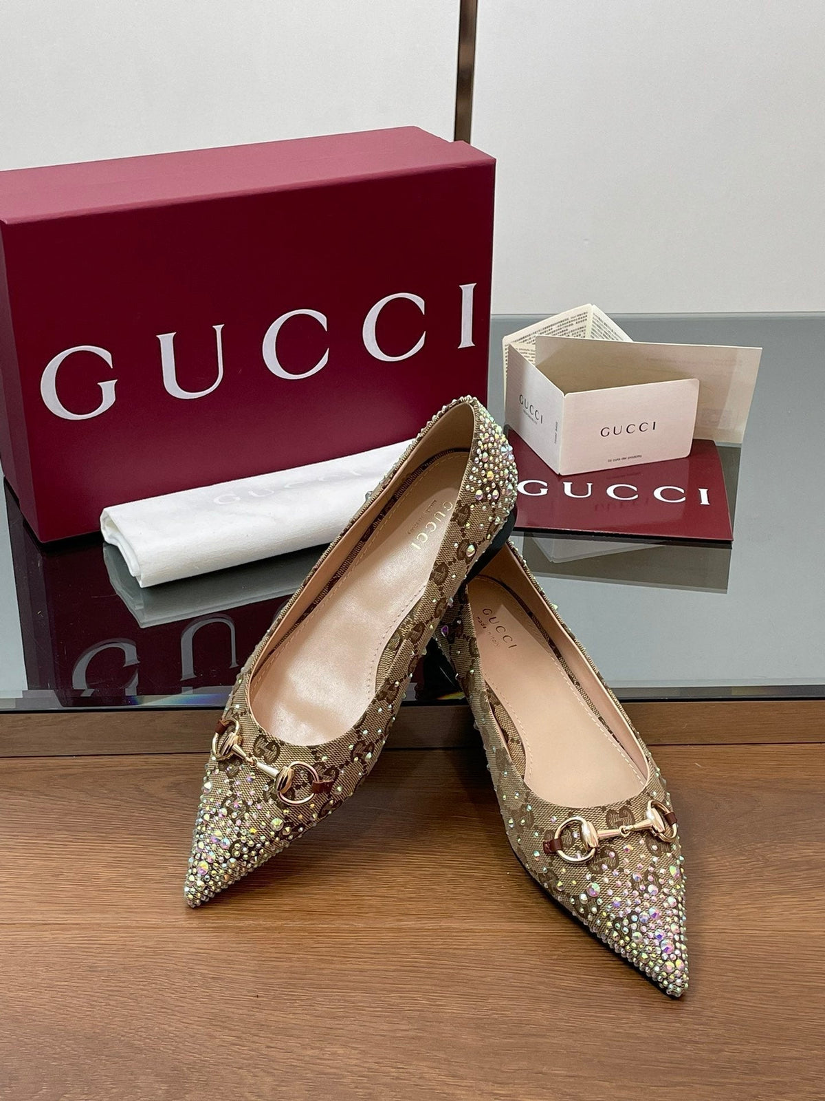GG Horsebit Ballet Flat Beige Ebony Monogram Canvas Crystal-Embellished