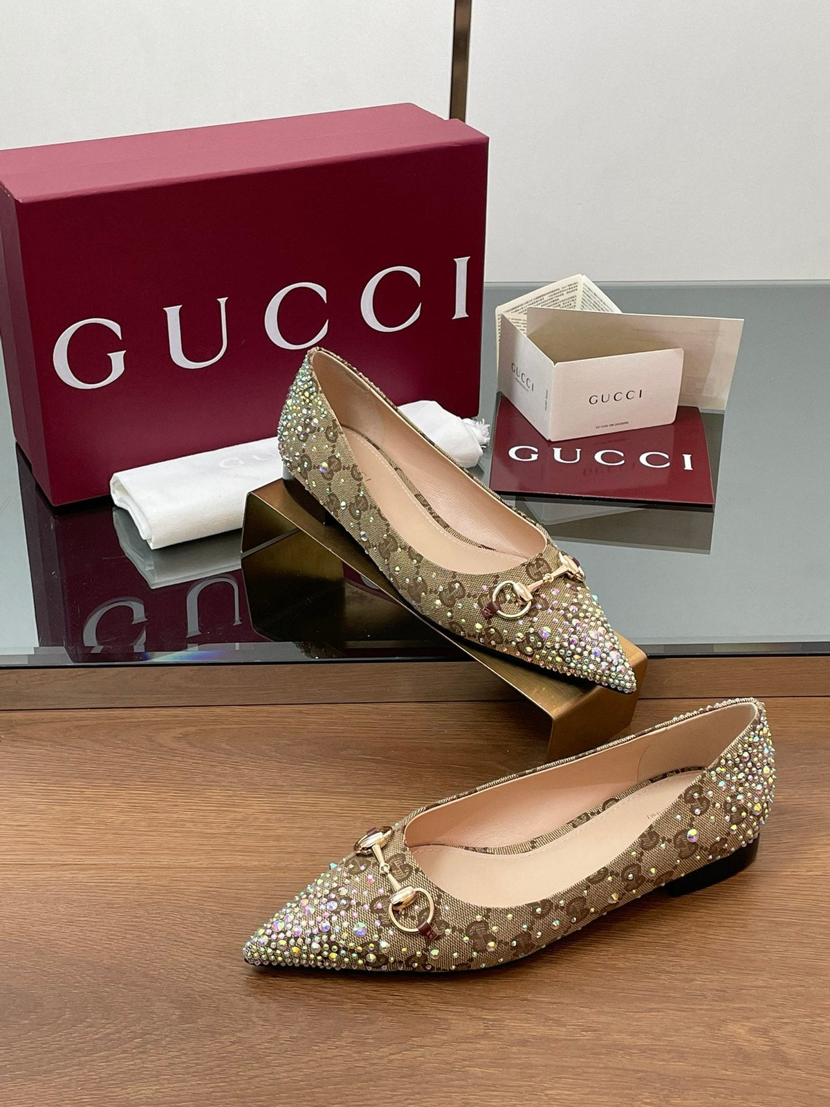 GG Horsebit Ballet Flat Beige Ebony Monogram Canvas Crystal-Embellished