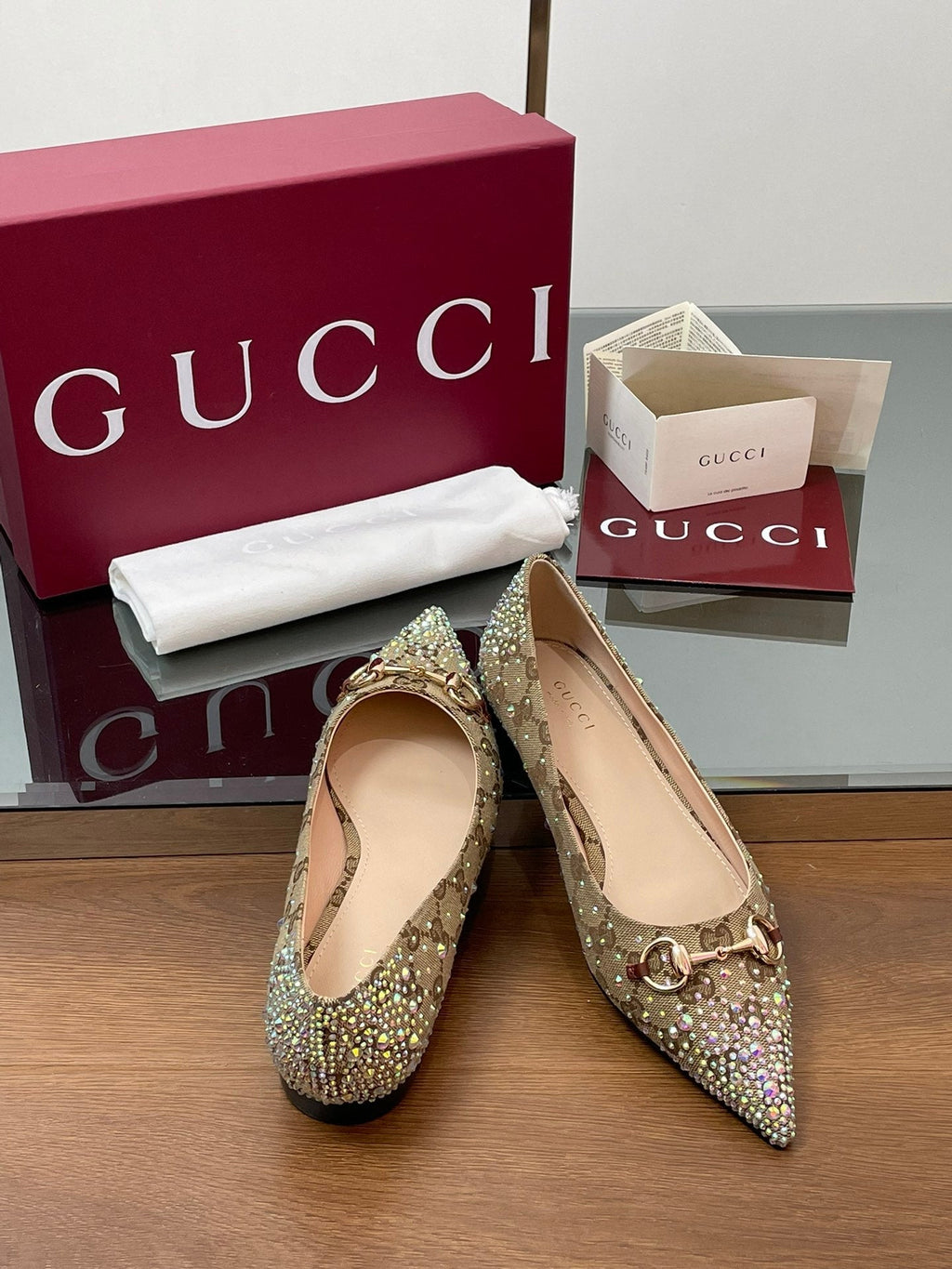 GG Horsebit Ballet Flat Beige Ebony Monogram Canvas Crystal-Embellished