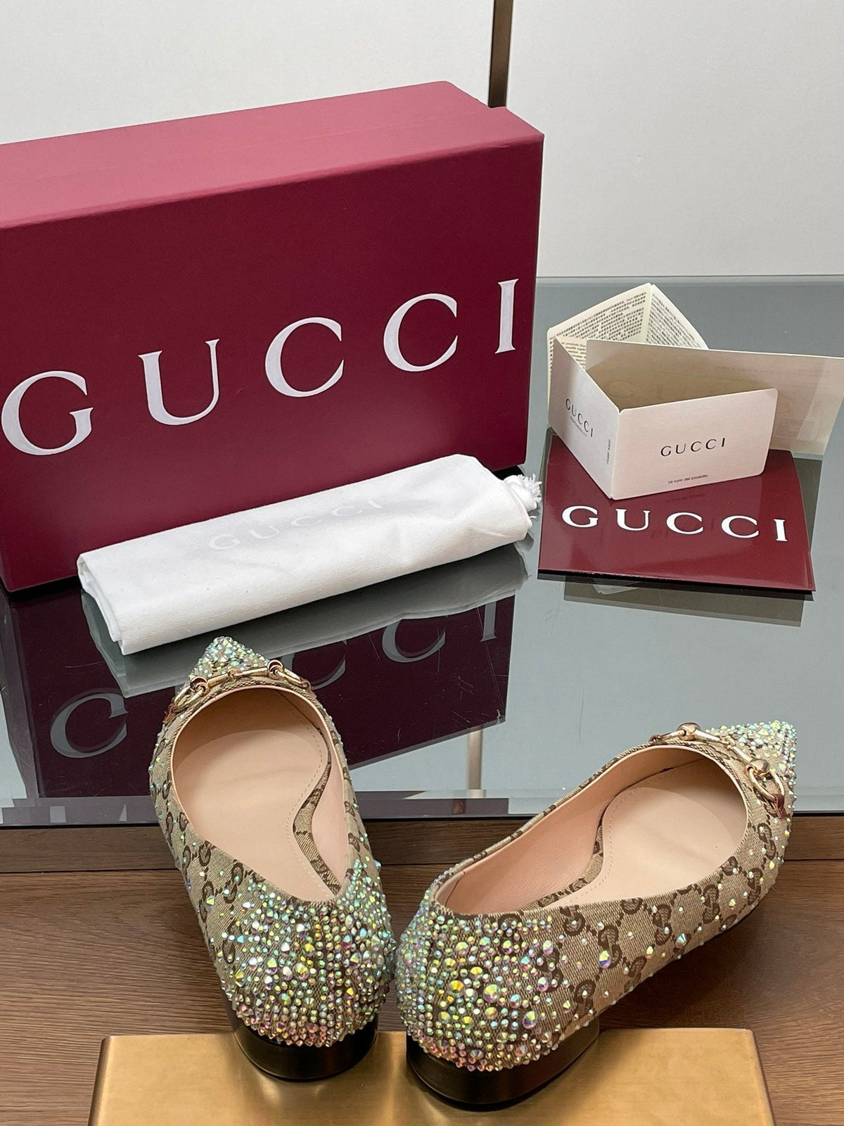 GG Horsebit Ballet Flat Beige Ebony Monogram Canvas Crystal-Embellished