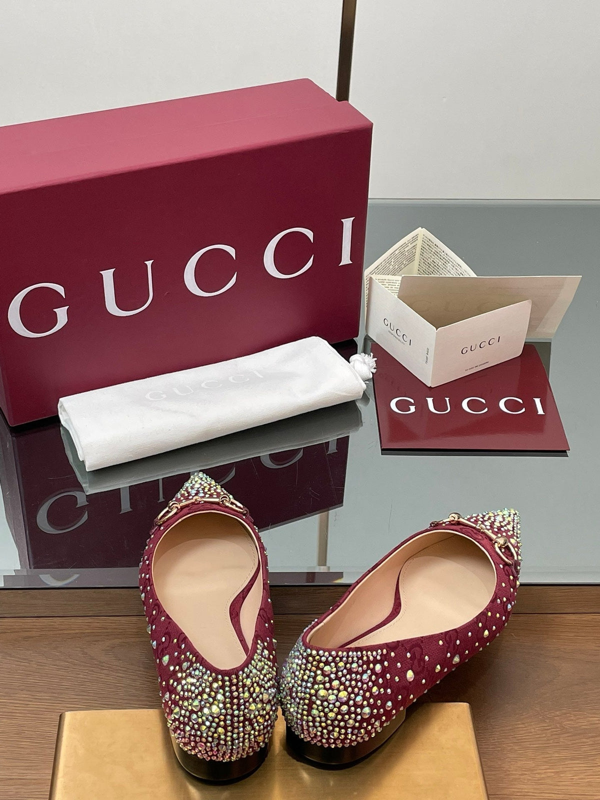 GG Horsebit Ballet Flat Red Ebony Monogram Canvas Crystal-Embellished
