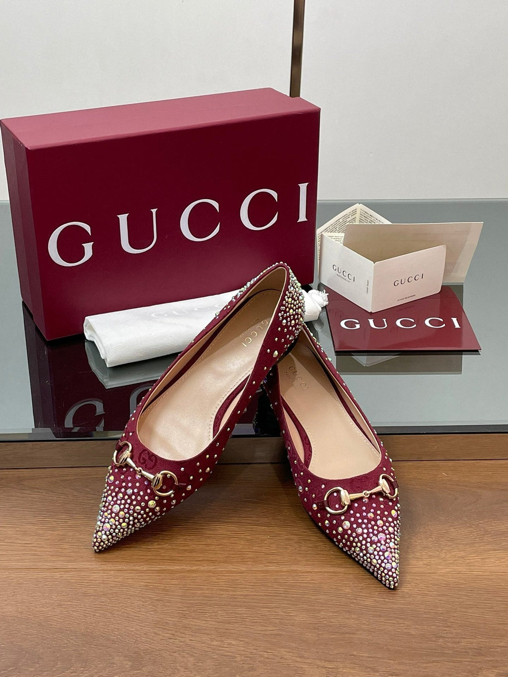 GG Horsebit Ballet Flat Red Ebony Monogram Canvas Crystal-Embellished
