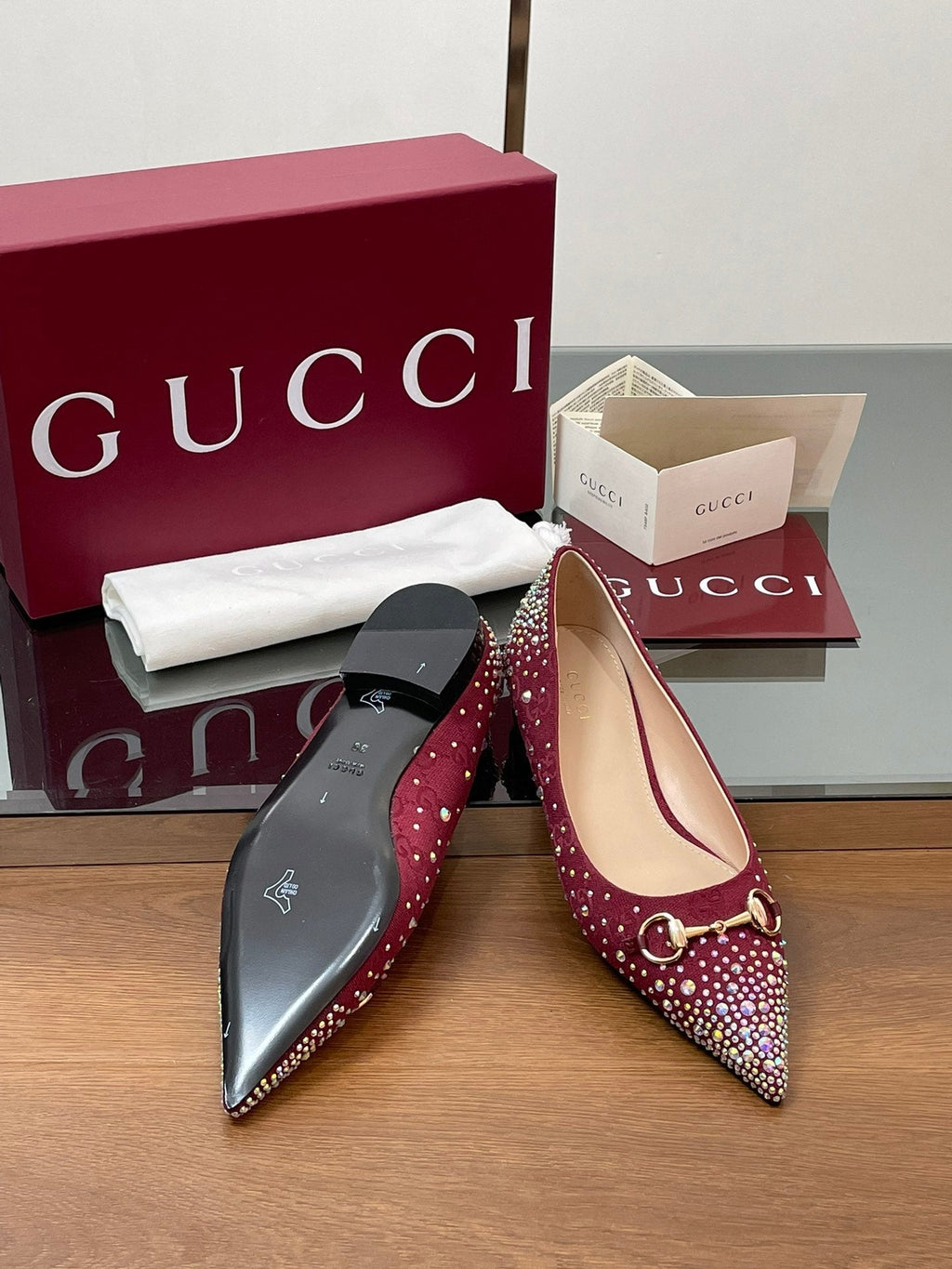 GG Horsebit Ballet Flat Red Ebony Monogram Canvas Crystal-Embellished