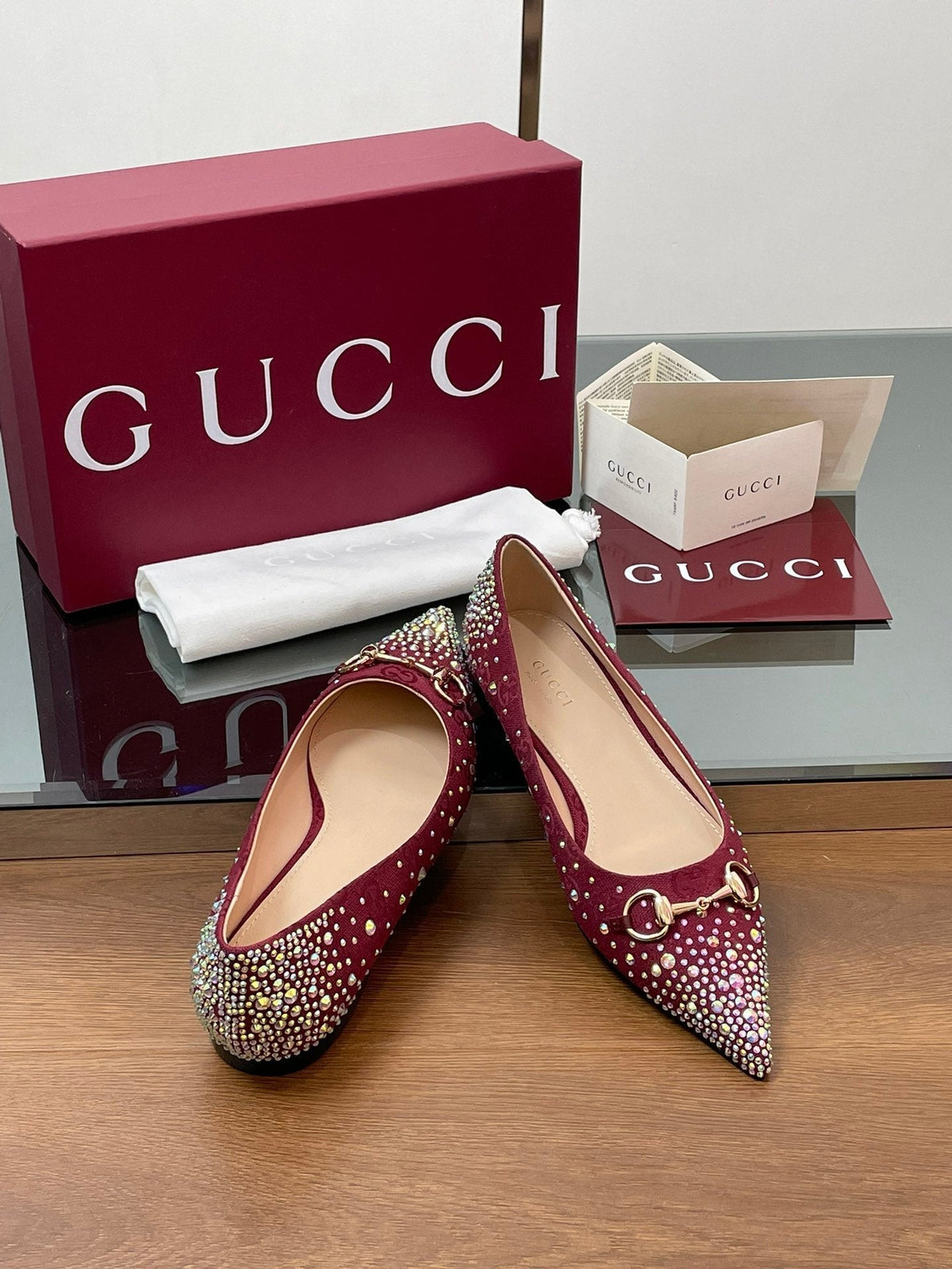GG Horsebit Ballet Flat Red Ebony Monogram Canvas Crystal-Embellished