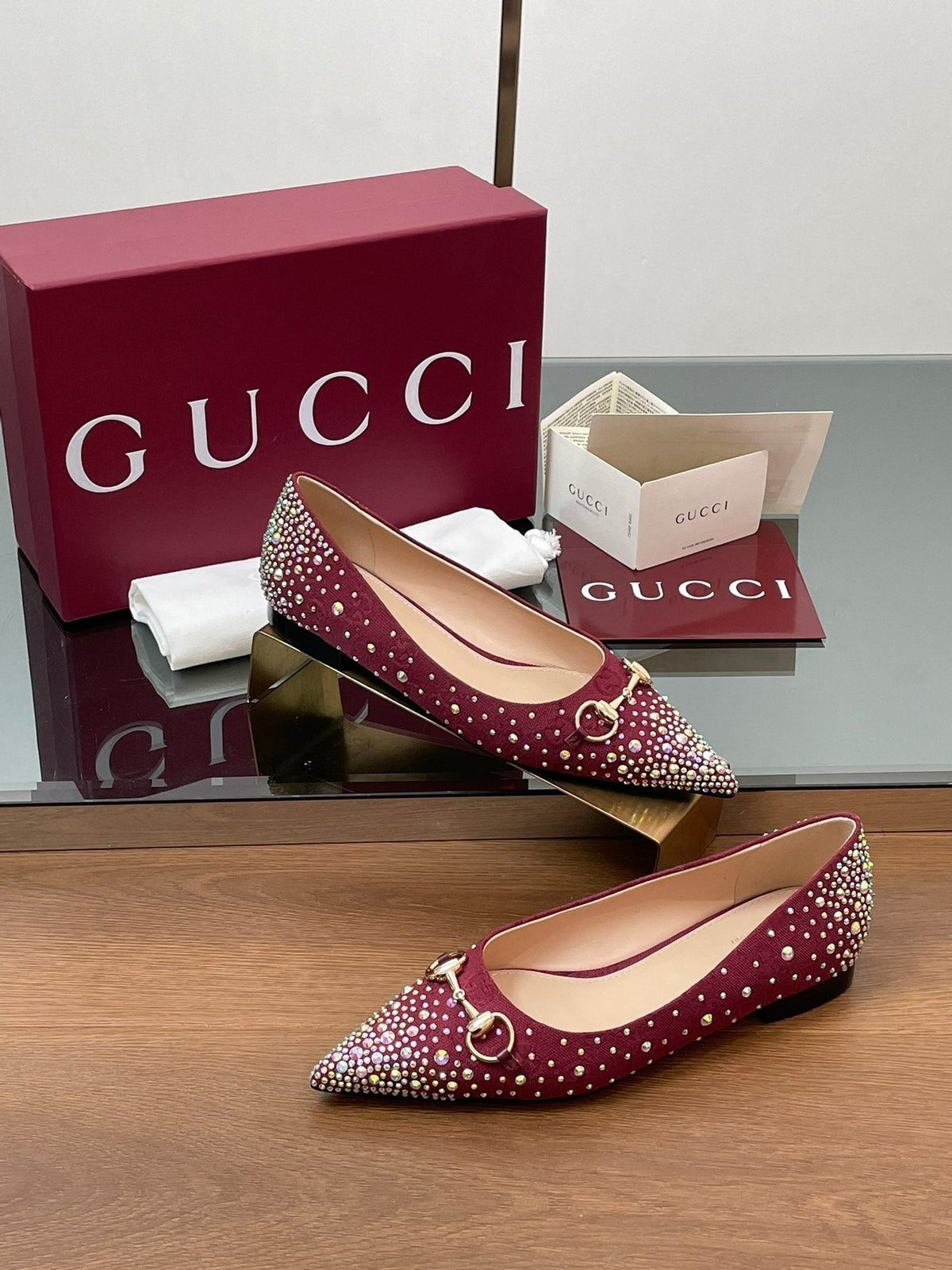 GG Horsebit Ballet Flat Red Ebony Monogram Canvas Crystal-Embellished