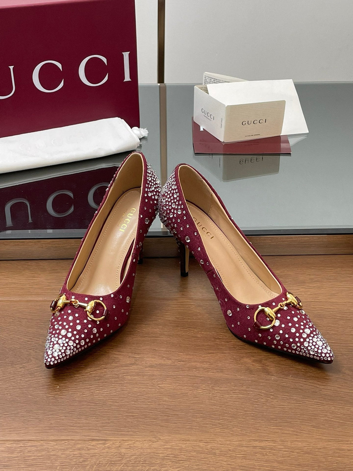 GG Horsebit Pump 85 Red Ebony Monogram Canvas Crystal-Embellished