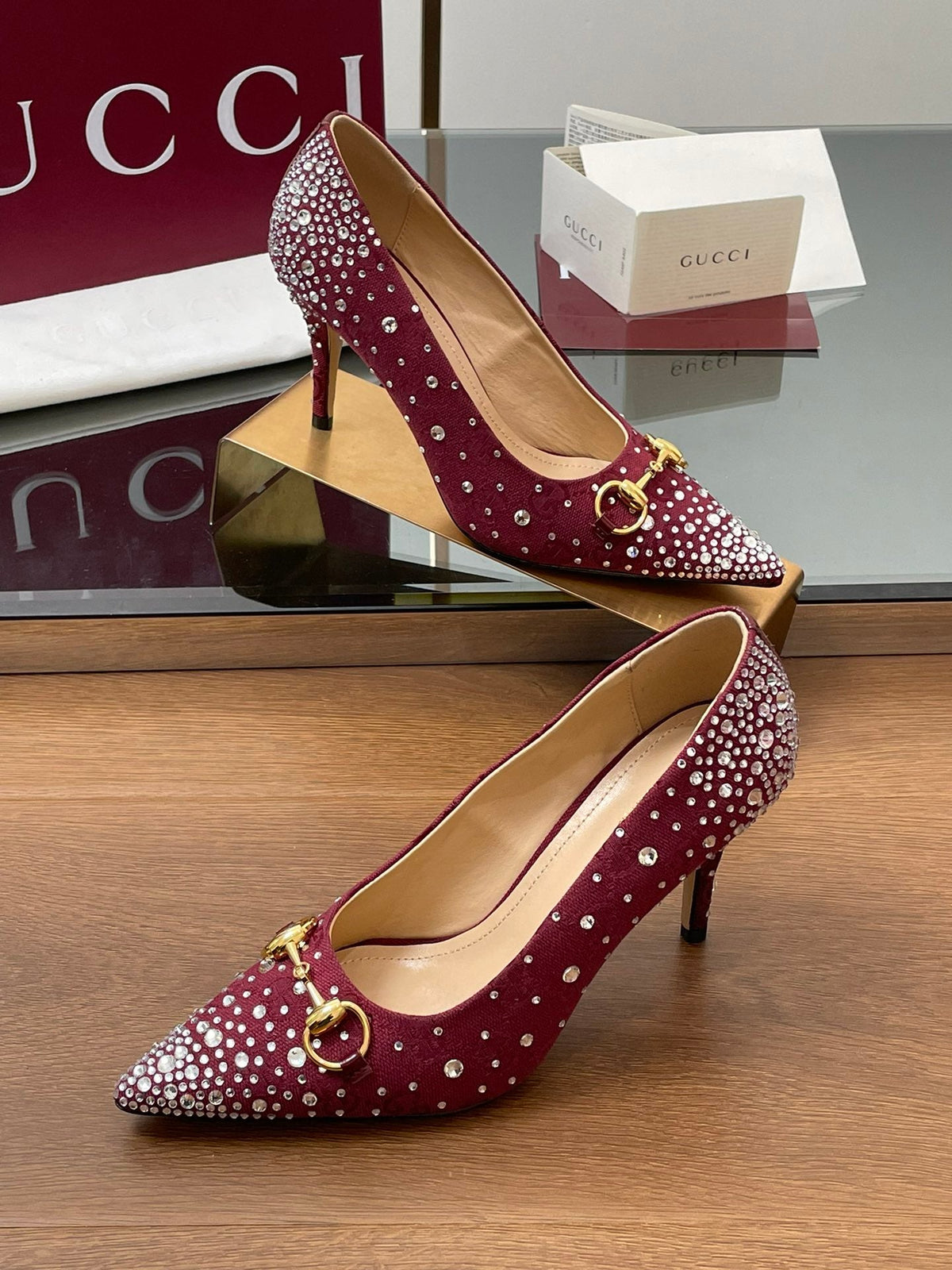 GG Horsebit Pump 85 Red Ebony Monogram Canvas Crystal-Embellished