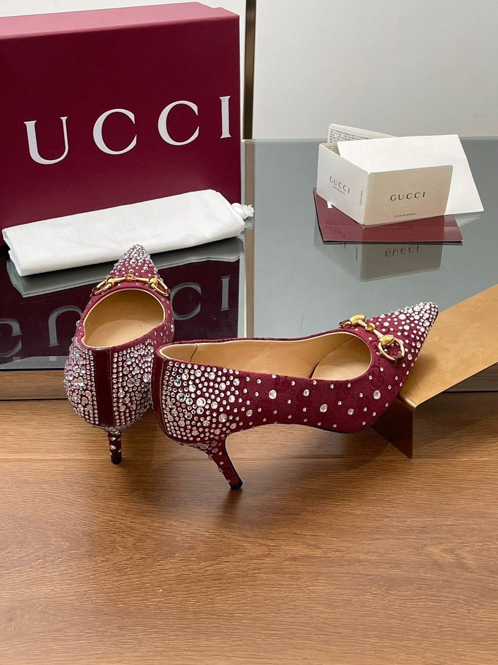 GG Horsebit Pump 85 Red Ebony Monogram Canvas Crystal-Embellished