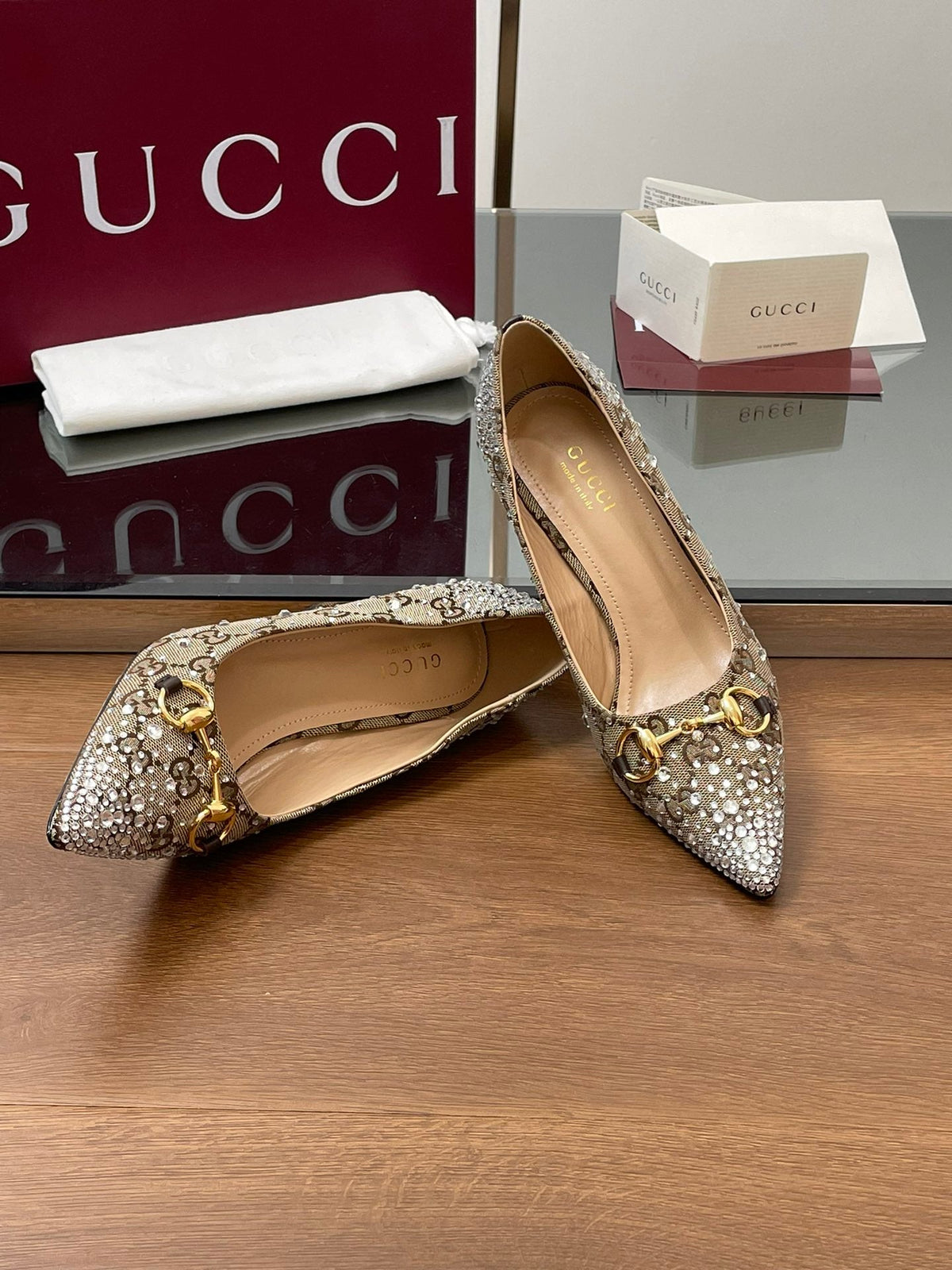 GG Horsebit Pump 85 Beige Ebony Monogram Canvas Crystal-Embellished