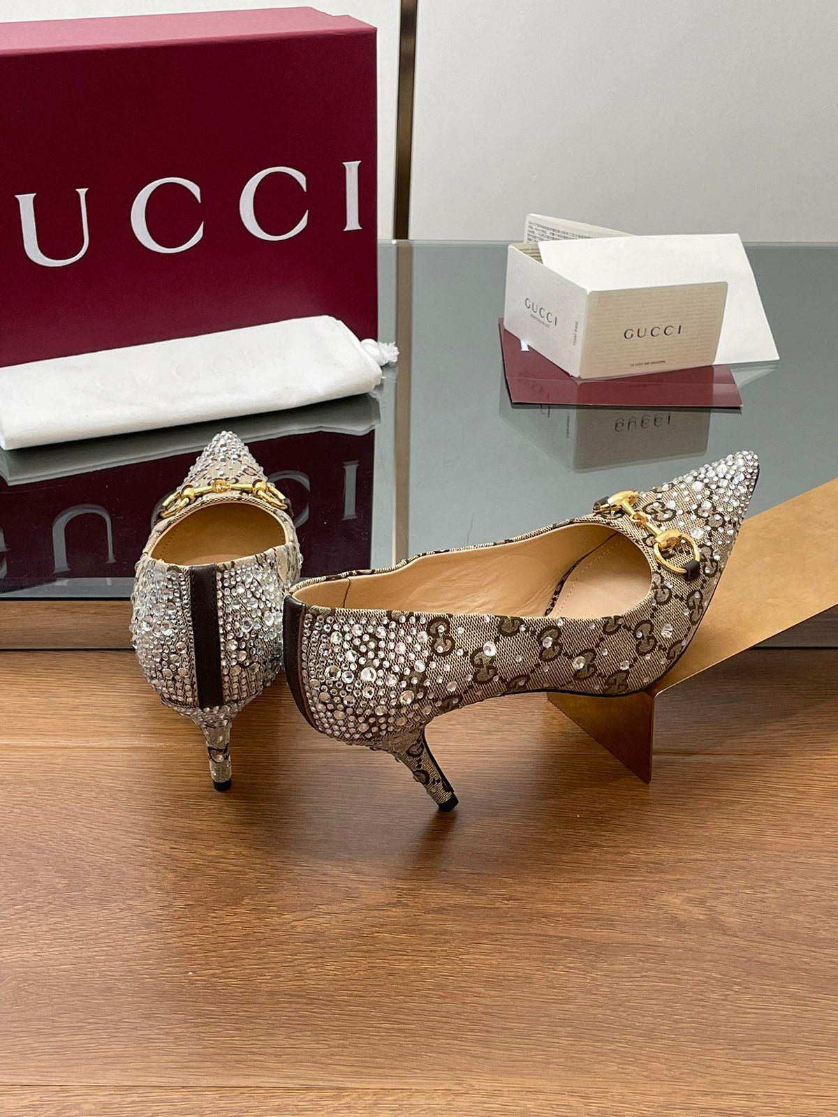 GG Horsebit Pump 85 Beige Ebony Monogram Canvas Crystal-Embellished
