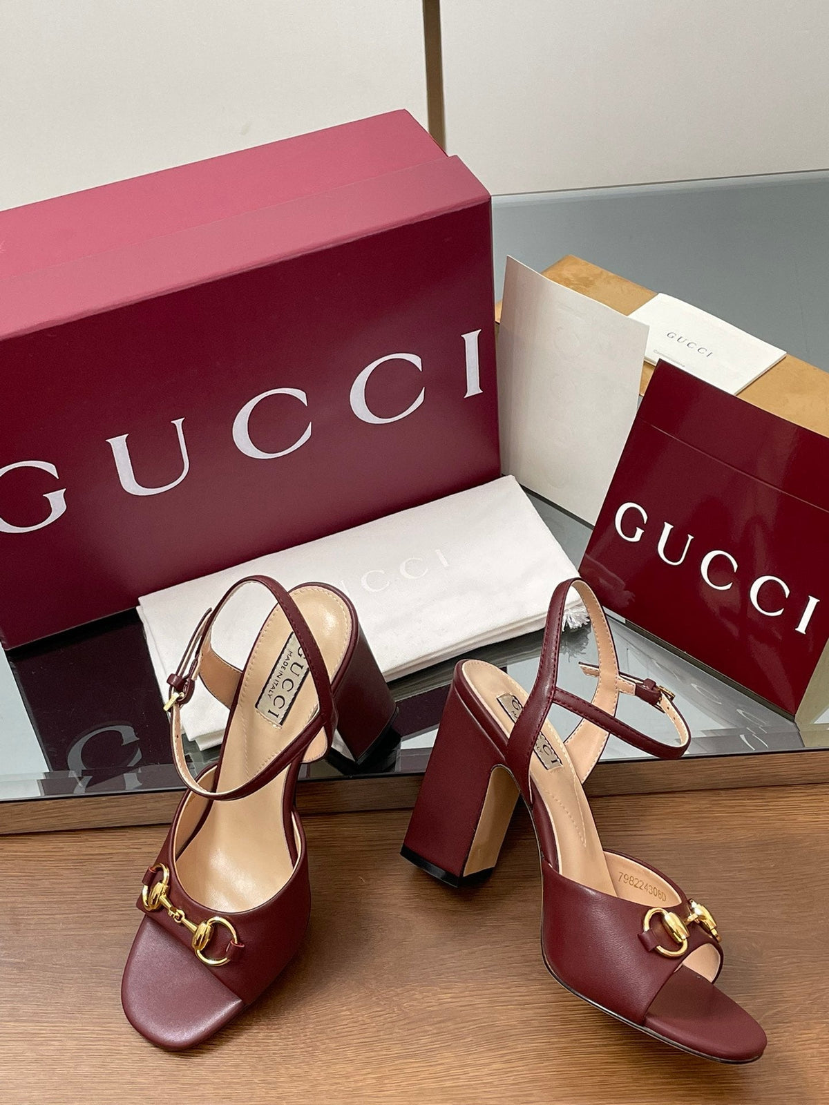 GG Women Horsebit High Heel Sandal Open Toe Burgundy Sheepskin 225968