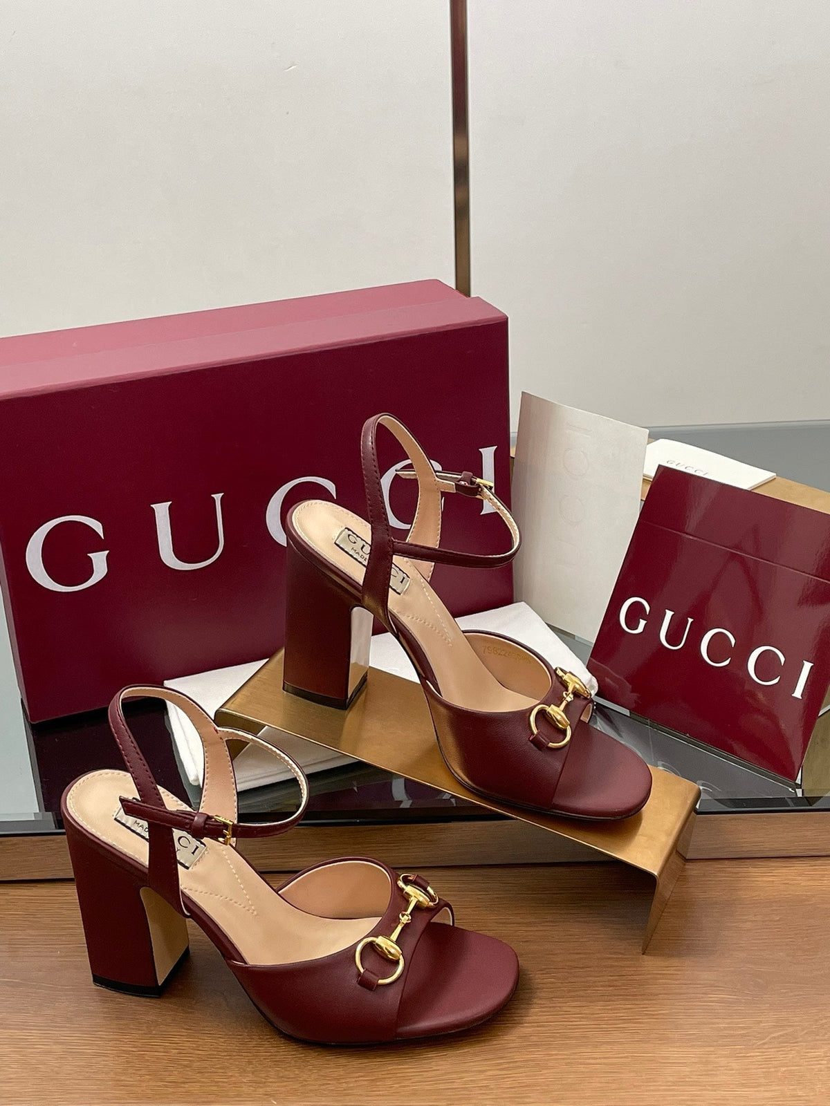 GG Women Horsebit High Heel Sandal Open Toe Burgundy Sheepskin 225968