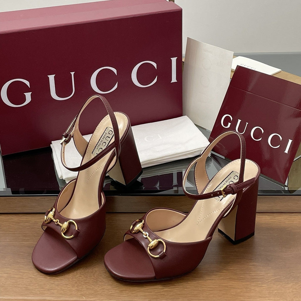 GG Women Horsebit High Heel Sandal Open Toe Burgundy Sheepskin 225968
