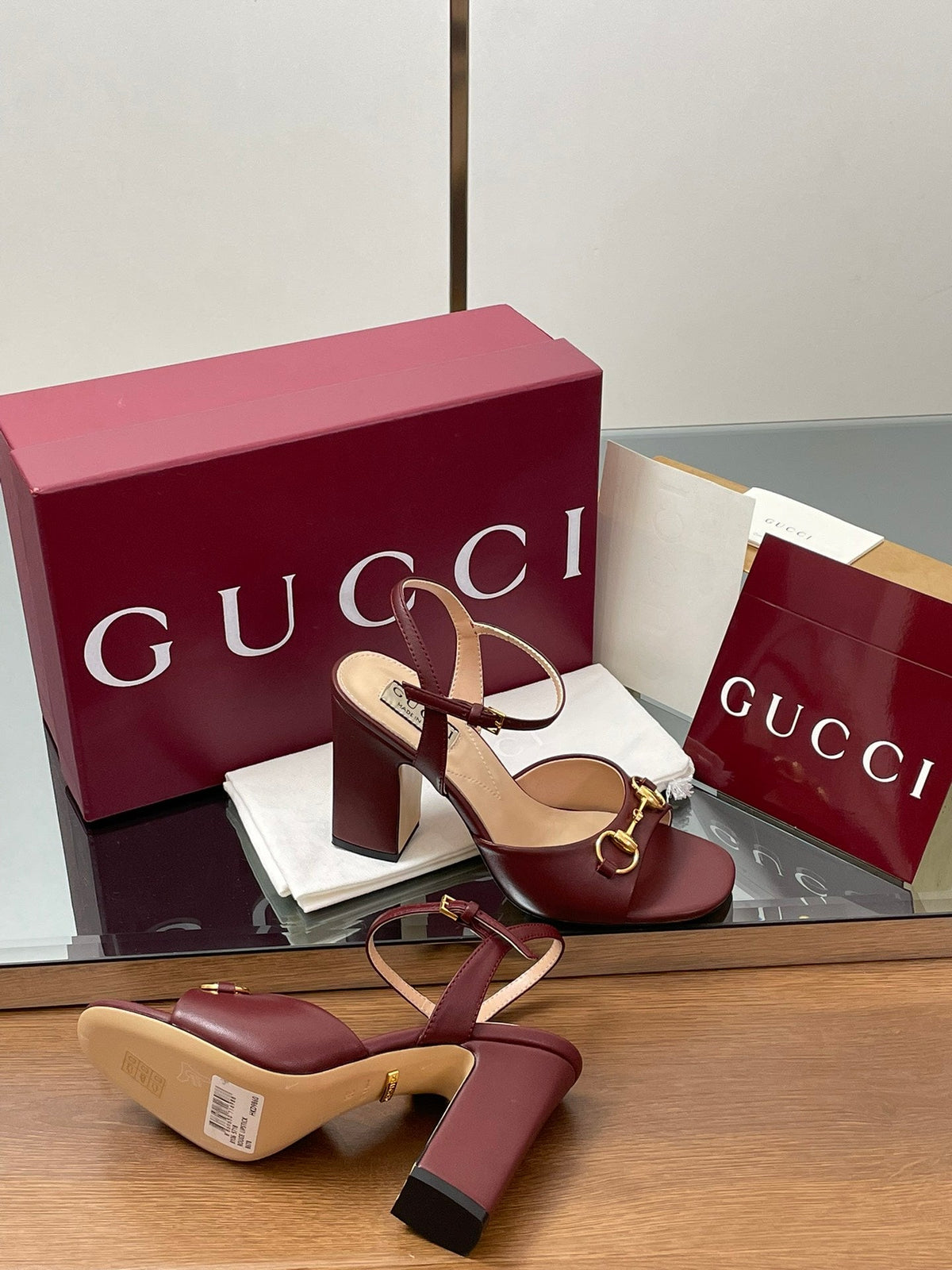 GG Women Horsebit High Heel Sandal Open Toe Burgundy Sheepskin 225968