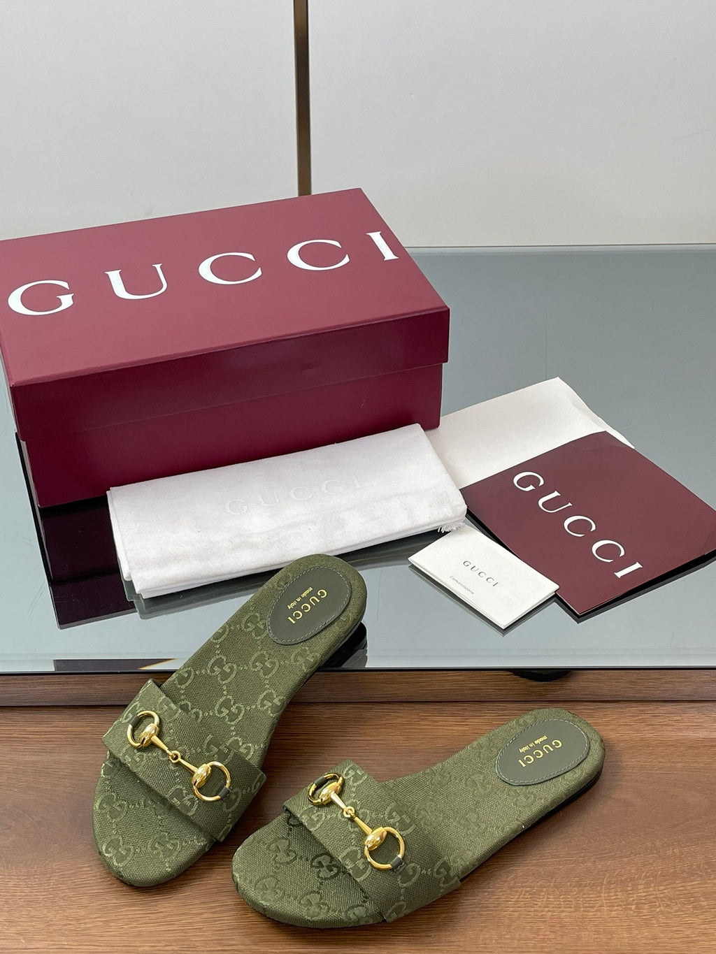 GG Horsebit Slide Sandals Olive Green Canvas 646553