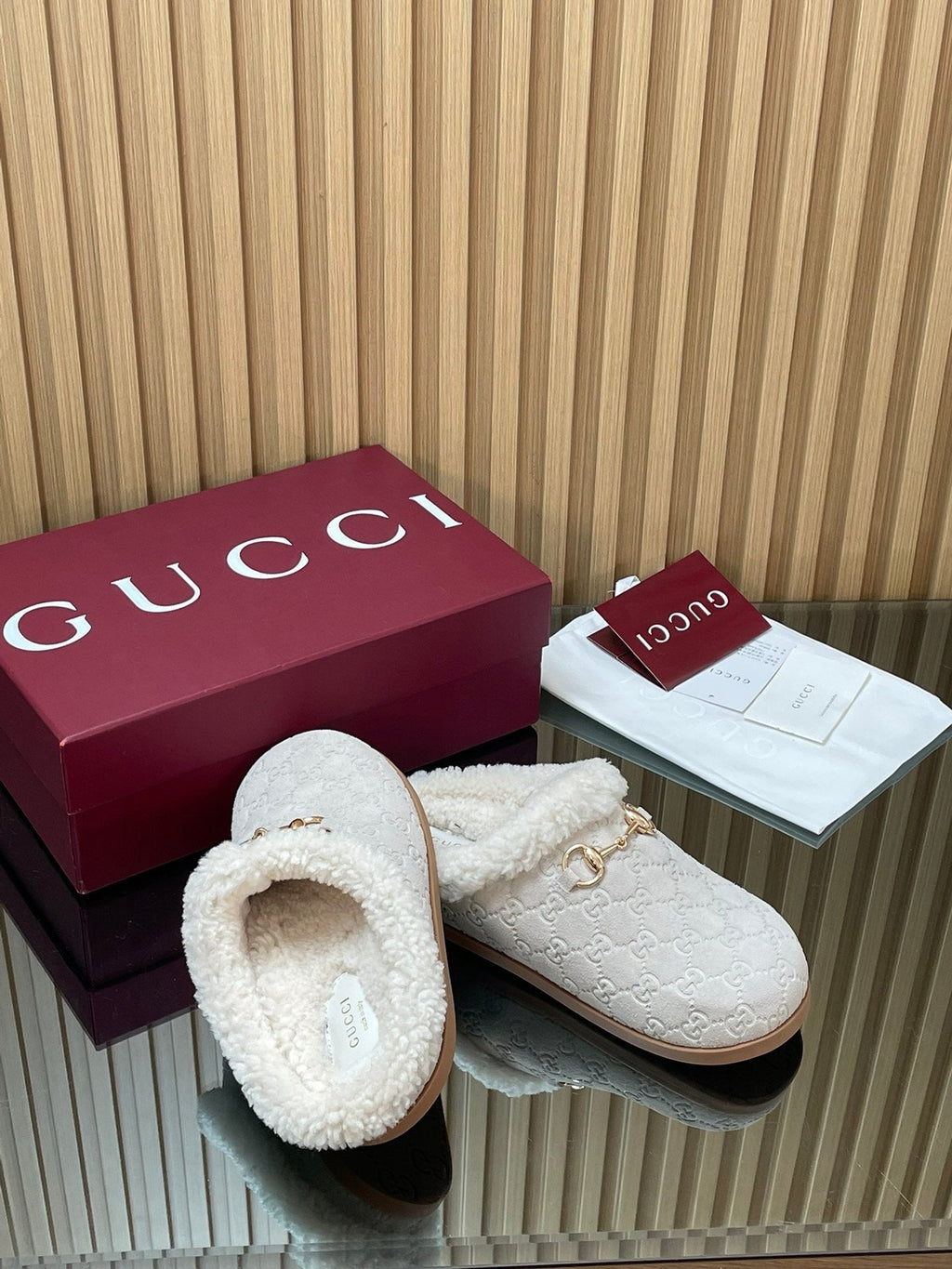 Gucci 2025 Horsebit Embossed Mule Cream Suede And Wool 563038
