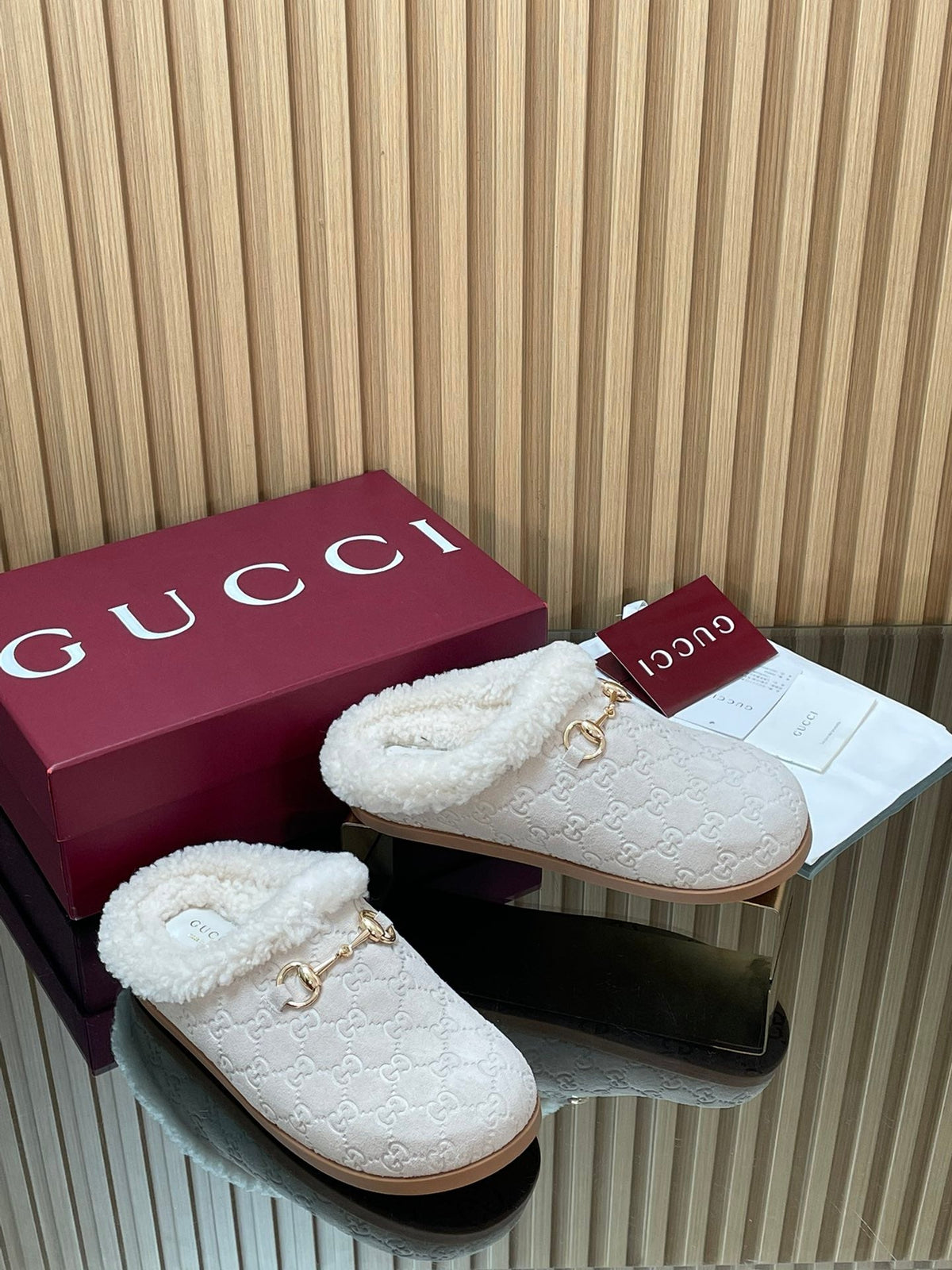 Gucci 2025 Horsebit Embossed Mule Cream Suede And Wool 563038