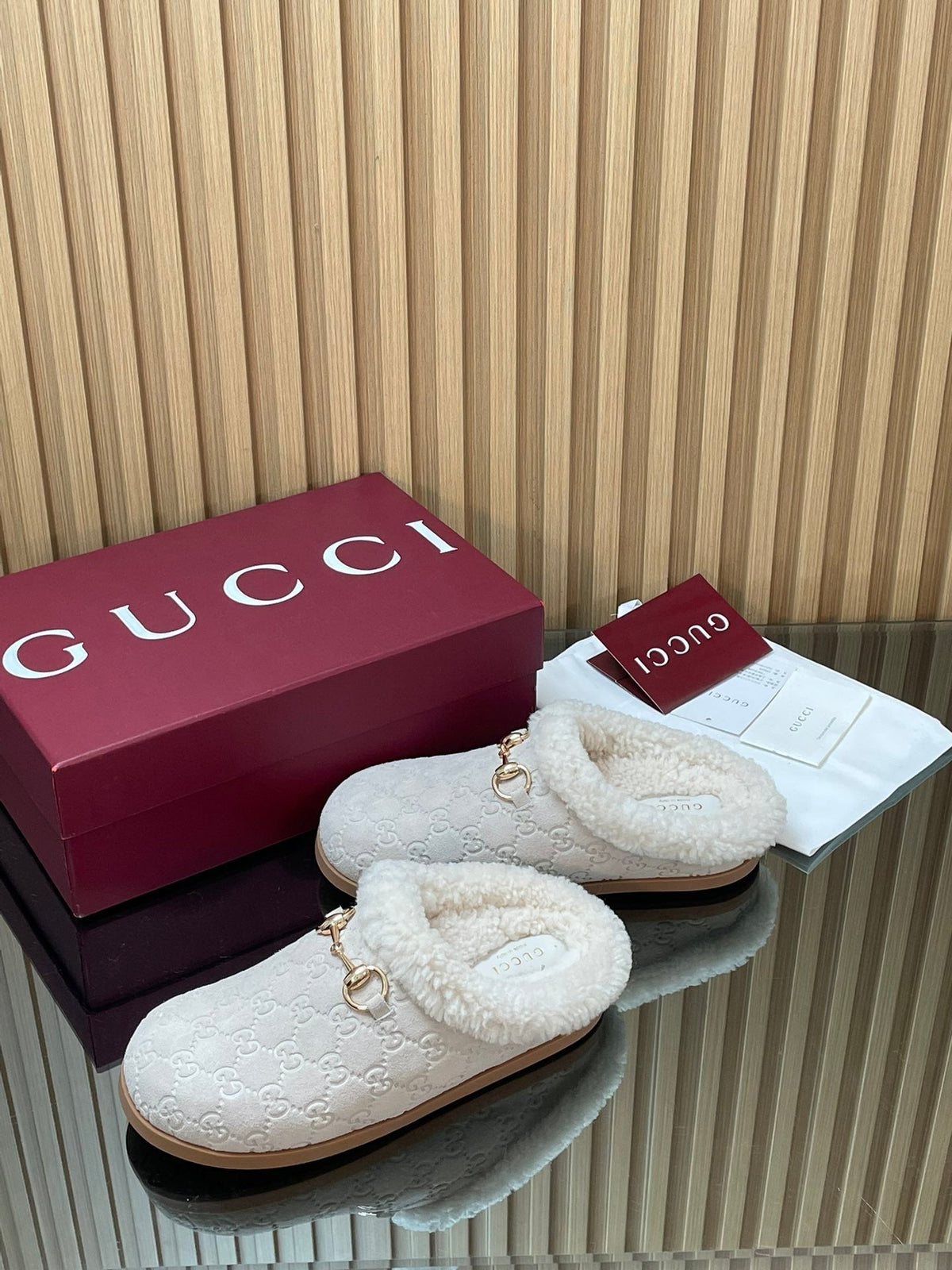 Gucci 2025 Horsebit Embossed Mule Cream Suede And Wool 563038