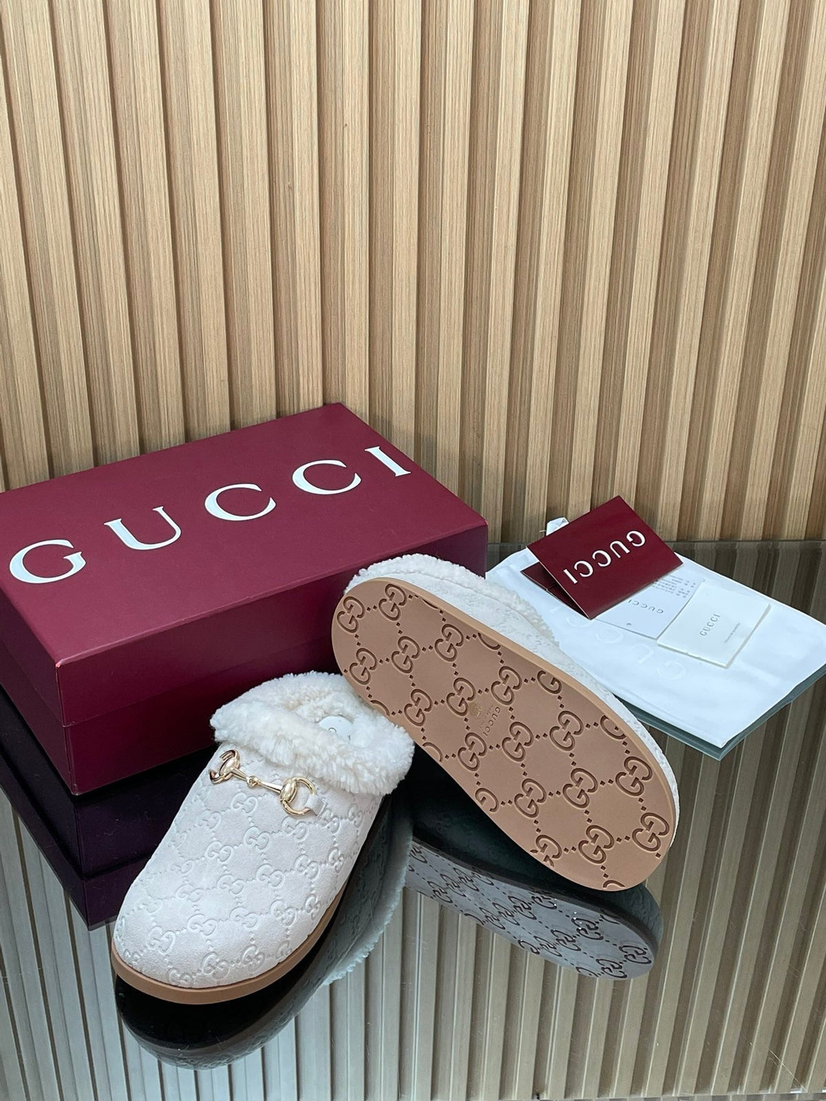 Gucci 2025 Horsebit Embossed Mule Cream Suede And Wool 563038