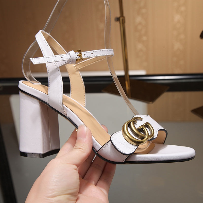 GG Marmont Ankle Strap Sandal 8cm White Sheepskin 342563