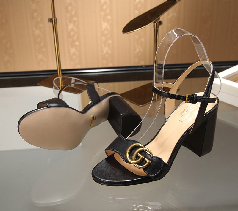 GG Marmont Ankle Strap Sandal 8cm Black Sheepskin 342564