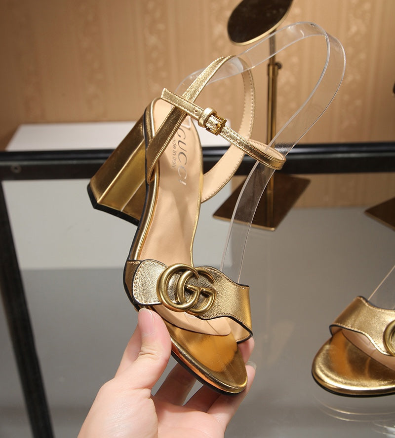 GG Marmont Ankle Strap Sandal 8cm Gold Sheepskin 342566