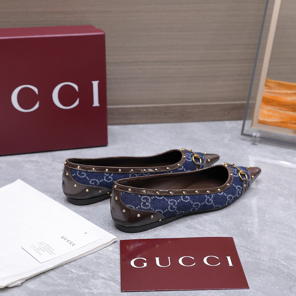 GG Savoy Ballerina Blue Brown Denim Leather 864282