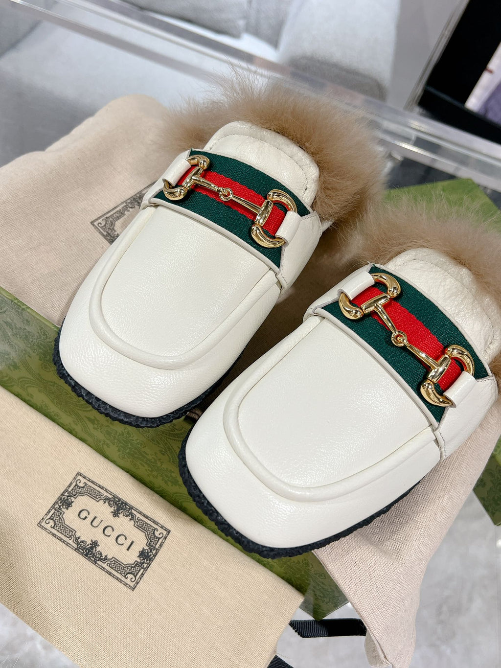 HORSEBIT MULE WITH WEB IN WHITE CALFSKIN MIX MINK FUR