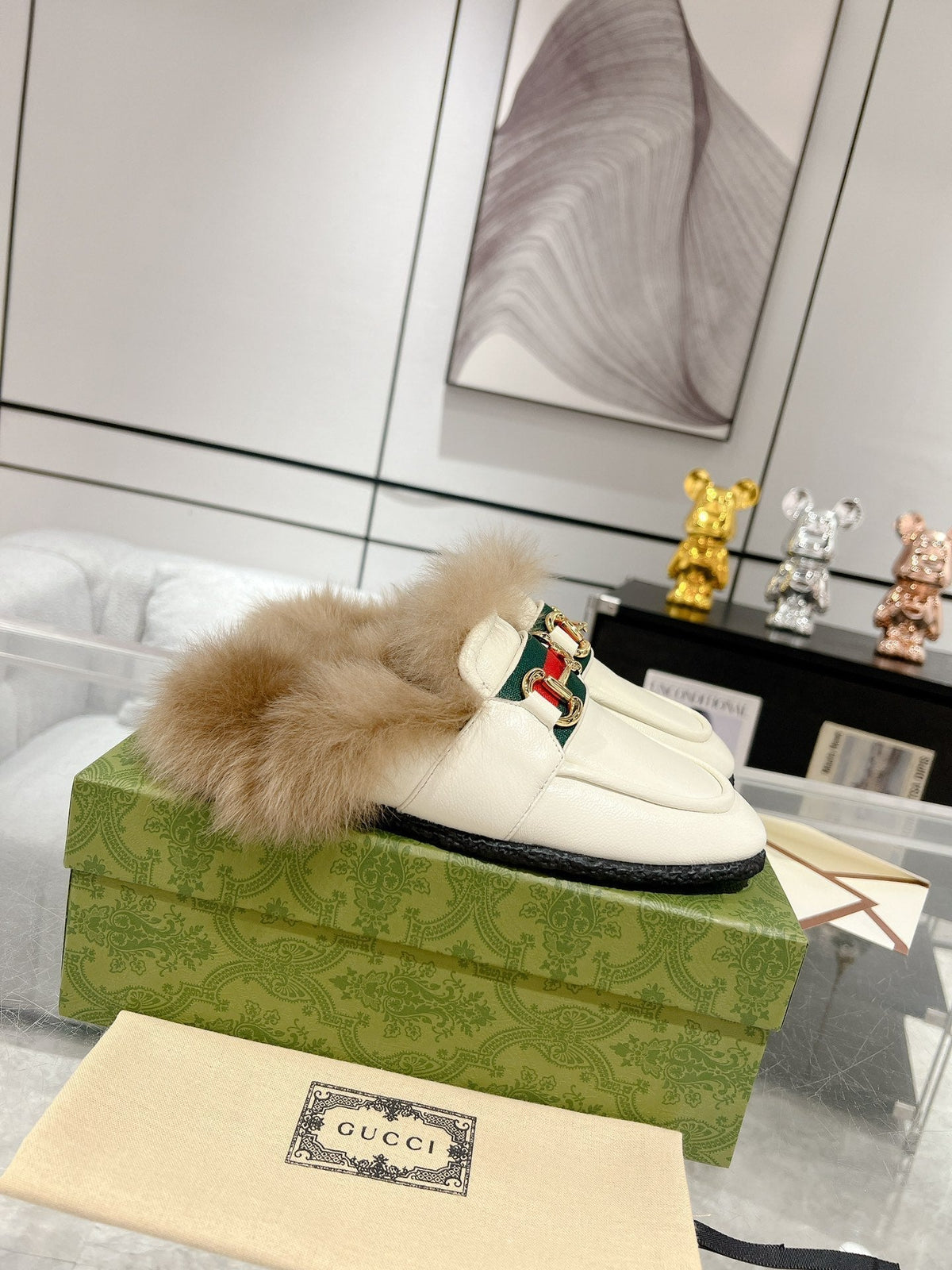 HORSEBIT MULE WITH WEB IN WHITE CALFSKIN MIX MINK FUR