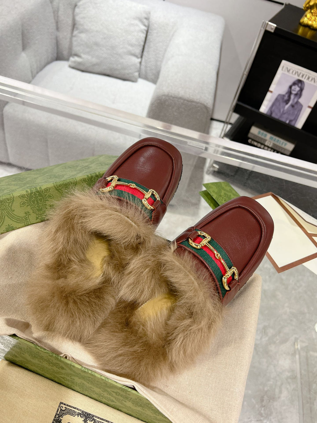 HORSEBIT MULE WITH WEB IN WINE RED CALFSKIN MIX MINK FUR