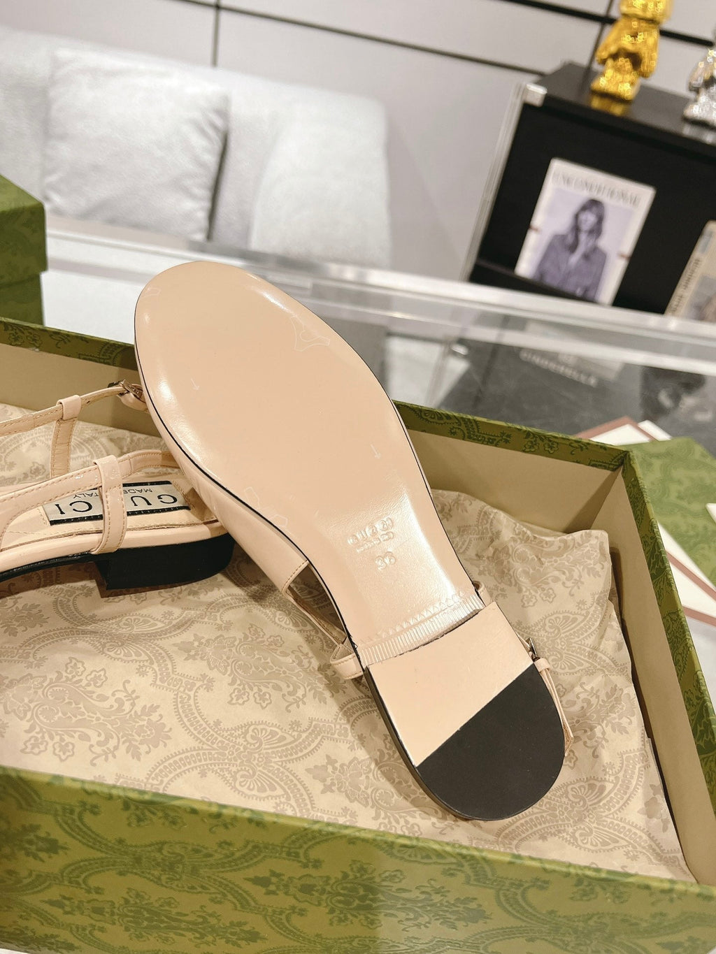 GG CRYSTALS SLINGBACK BALLET CREAM CALFSKIN