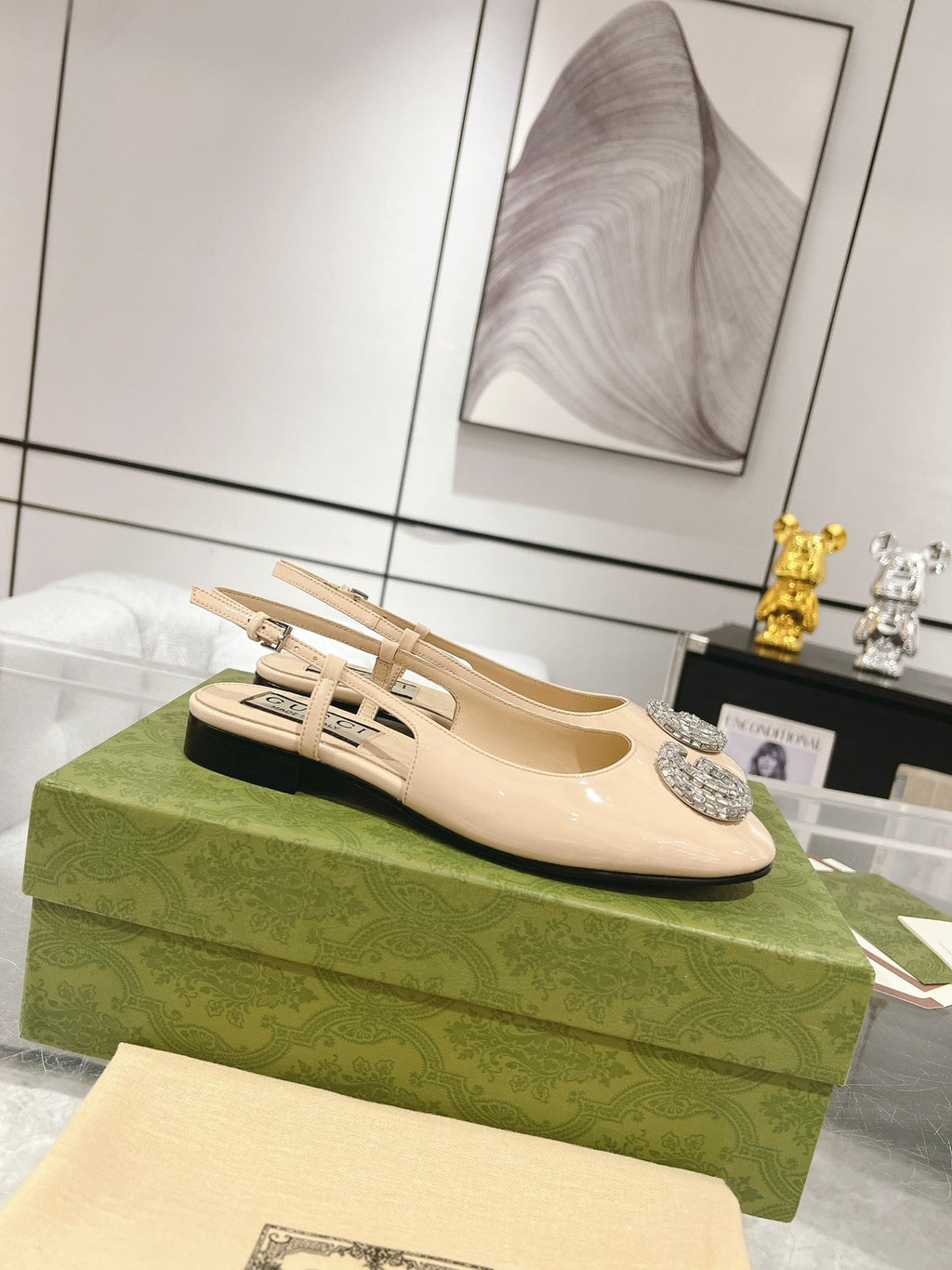 GG CRYSTALS SLINGBACK BALLET CREAM CALFSKIN