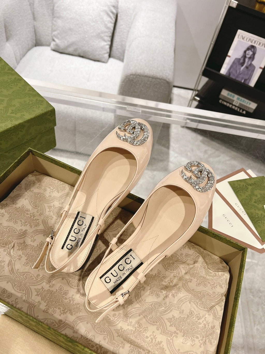 GG CRYSTALS SLINGBACK BALLET CREAM CALFSKIN